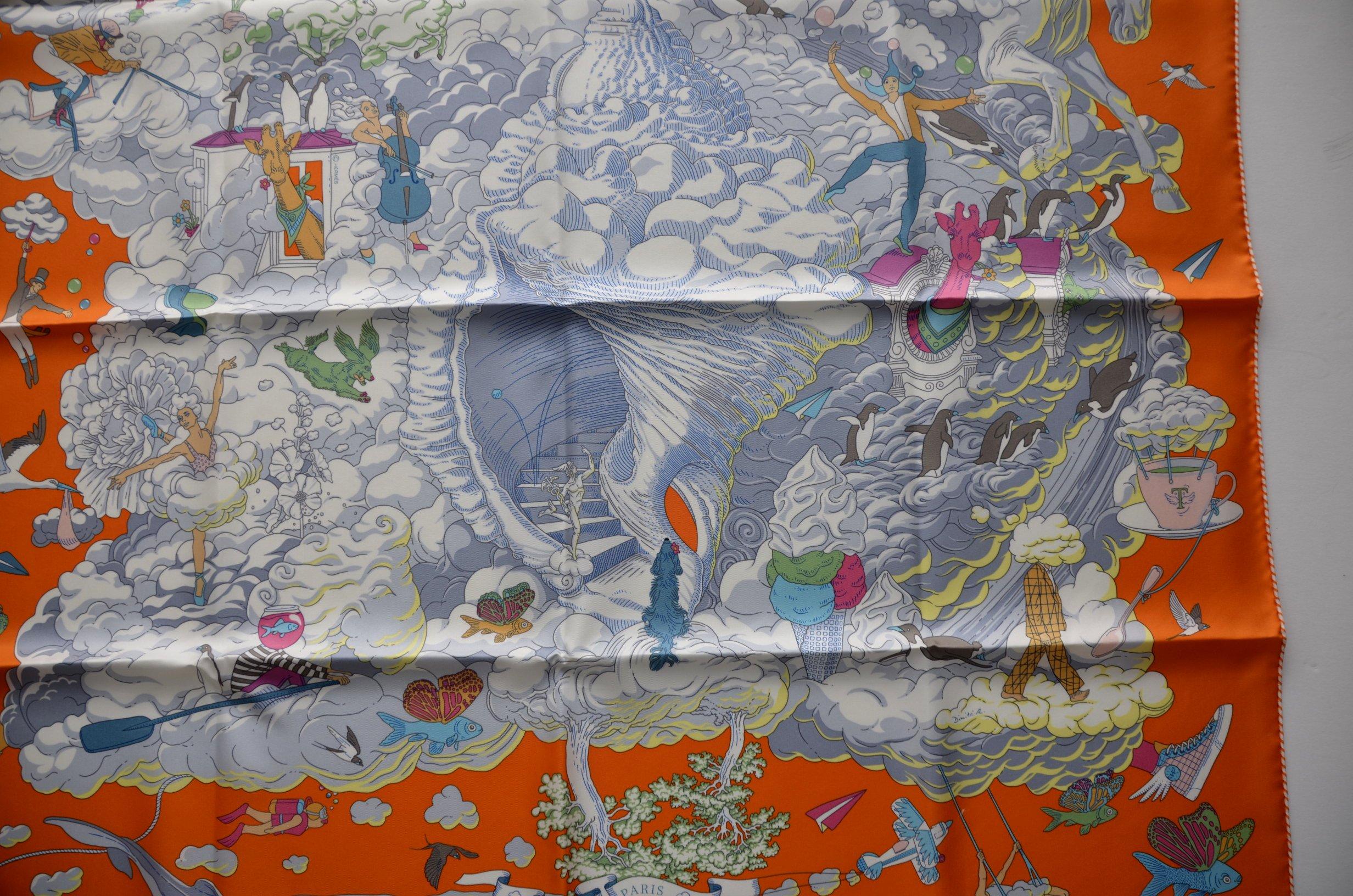 Hermes Scarf 90 CM Carre Twill Sur Mon Nijage QU/ORANGE/GRIS CLAIR  NEW en vente 1