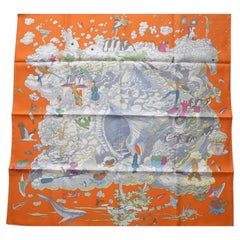 Hermes Scarf 90 CM Carre Twill Sur Mon Nijage QU/ORANGE/GRIS CLAIR  NEW