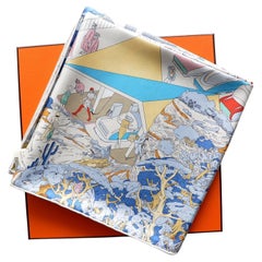 Foulard Hermes  90 CM   HERMES ON THE BEACH OP//GRIS/ARGENT/BLEU  NEW