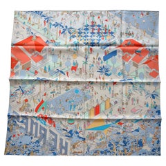 Foulard Hermes  90 CM   HERMES ON THE BEACH OP//GRIS/ARGENT/BLEU  NEW