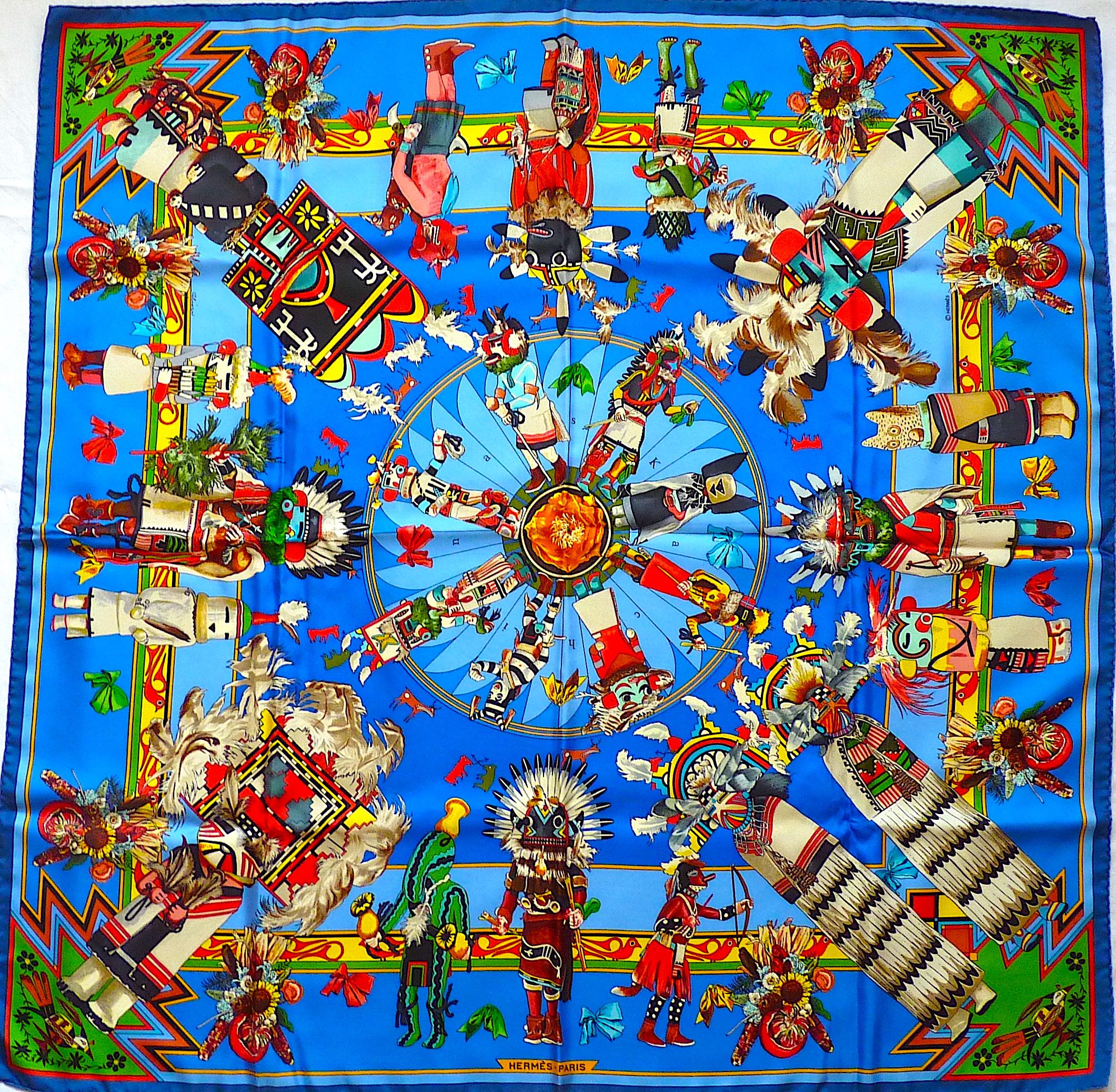 Rare Hermes Scarf L'Arbre du Vent, Perfect Condition with Hermes Box.

L’Arbre du vent is a tribute to the Huichol people of Mexico’s western Sierra Madre – also known as the Wixáritari – and their polytheistic religion, worshipping the divinity