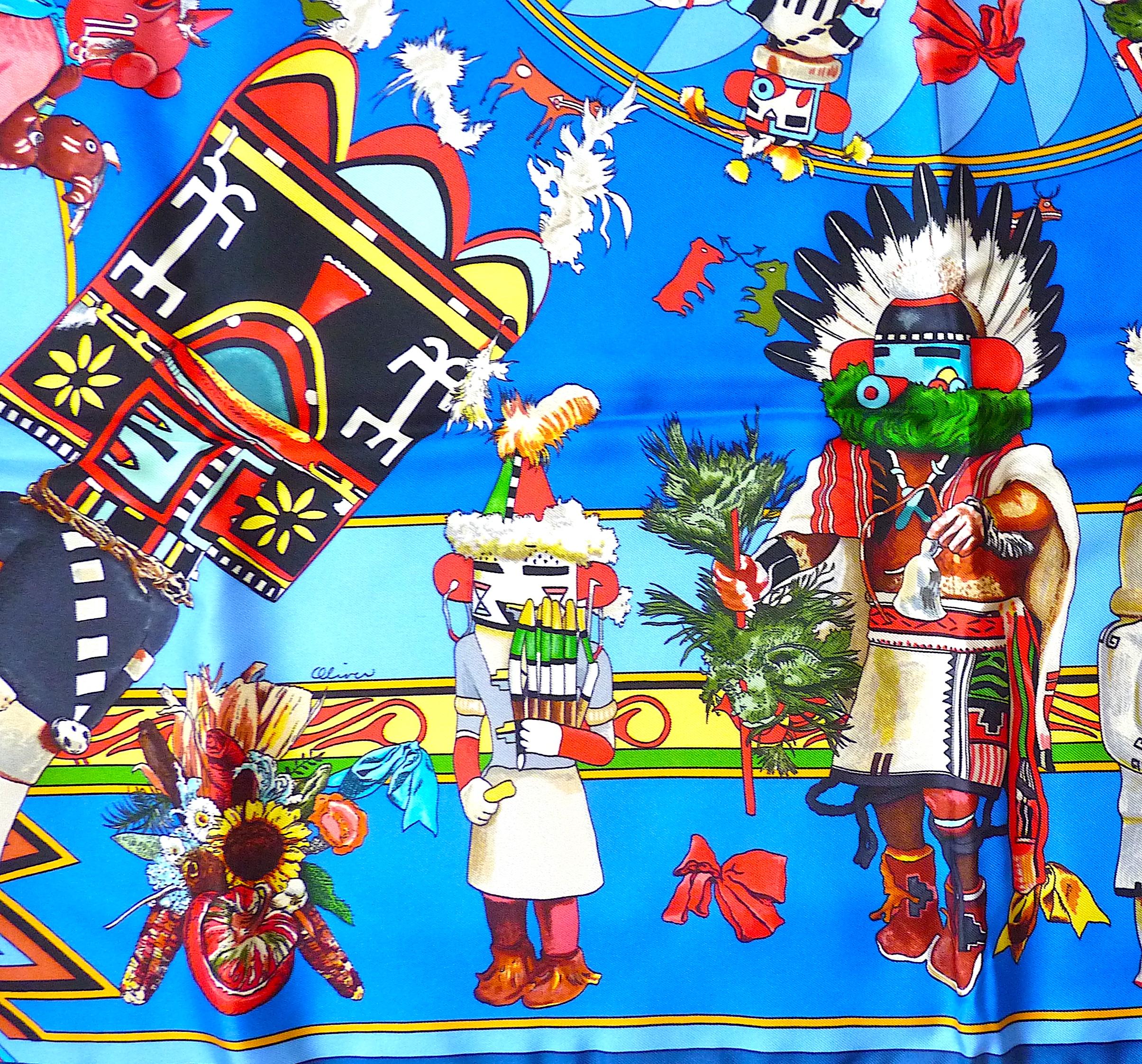 Hermes Scarf 90 cm Kachinas by Kermit Oliver, Perfect Condition with Box For Sale 3