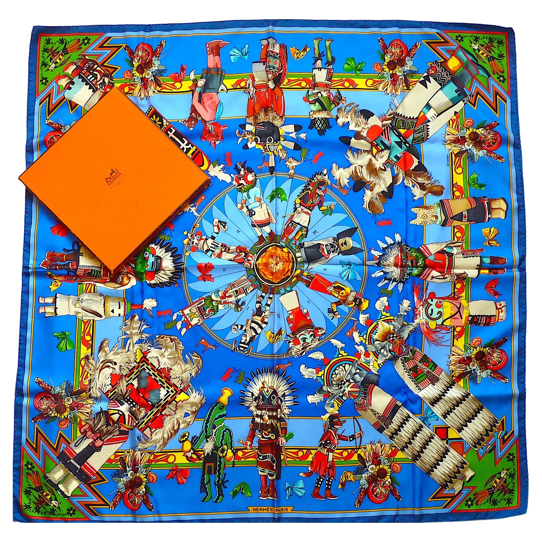 Hermes Scarf 90 cm Kachinas by Kermit Oliver, Perfect Condition with Box For Sale
