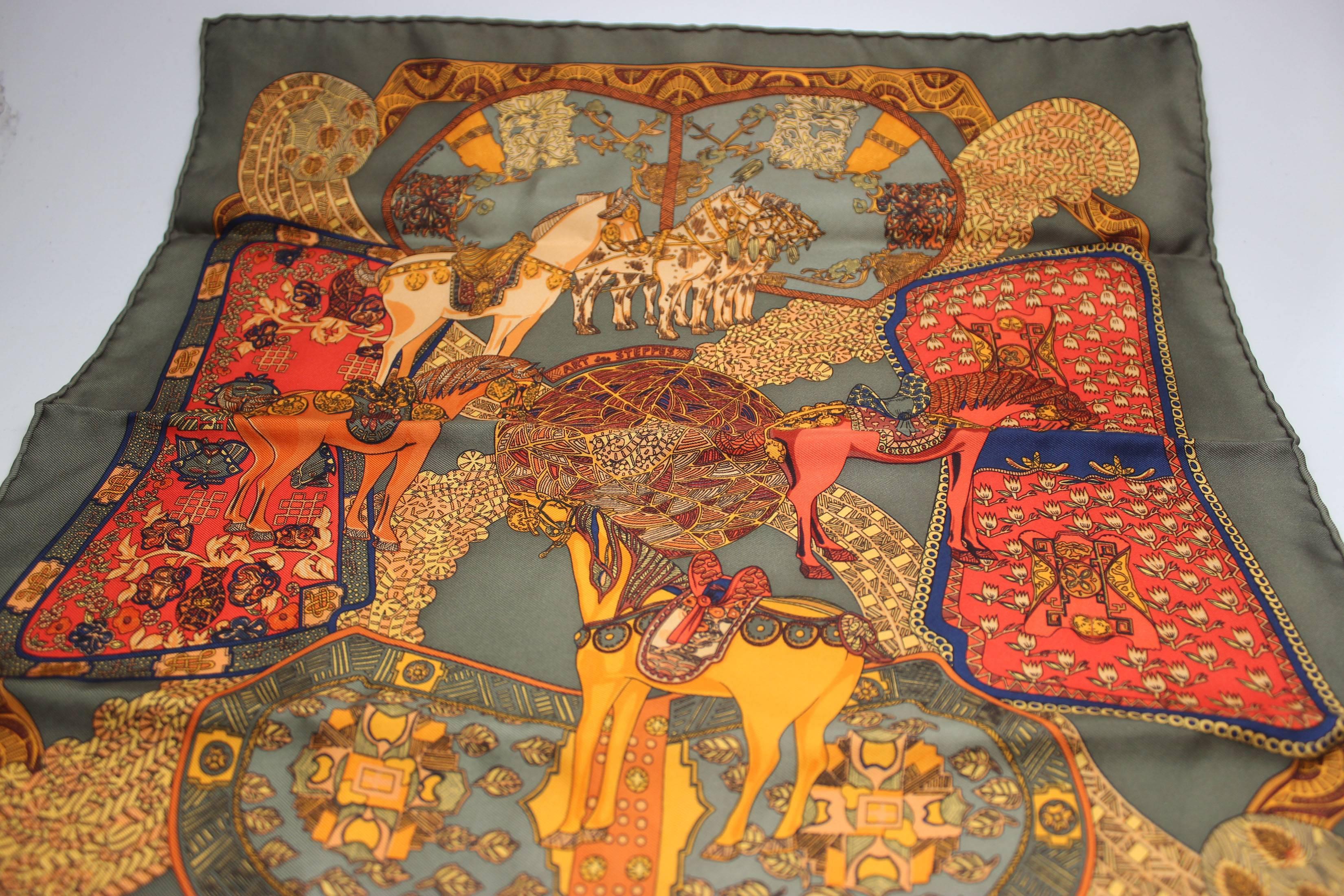 This perfect silk Hermes scarf is a 16 inch square. The design from 1991 is by the artist Annie Faivre and is titled 
