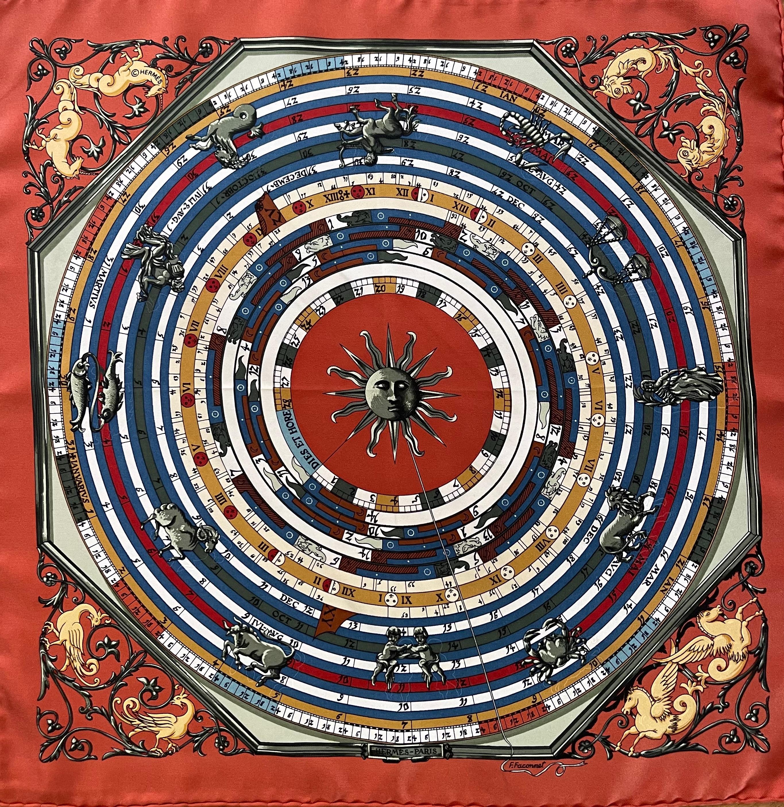 Il foulard Hermès intitolato Astrologie, noto anche come Dies et Hore, è un celebre disegno di Françoise Façonnet, presentato per la prima volta nel 1963.  I colori sono unici e il design è bellissimo, rendendo questo pezzo una sciarpa molto