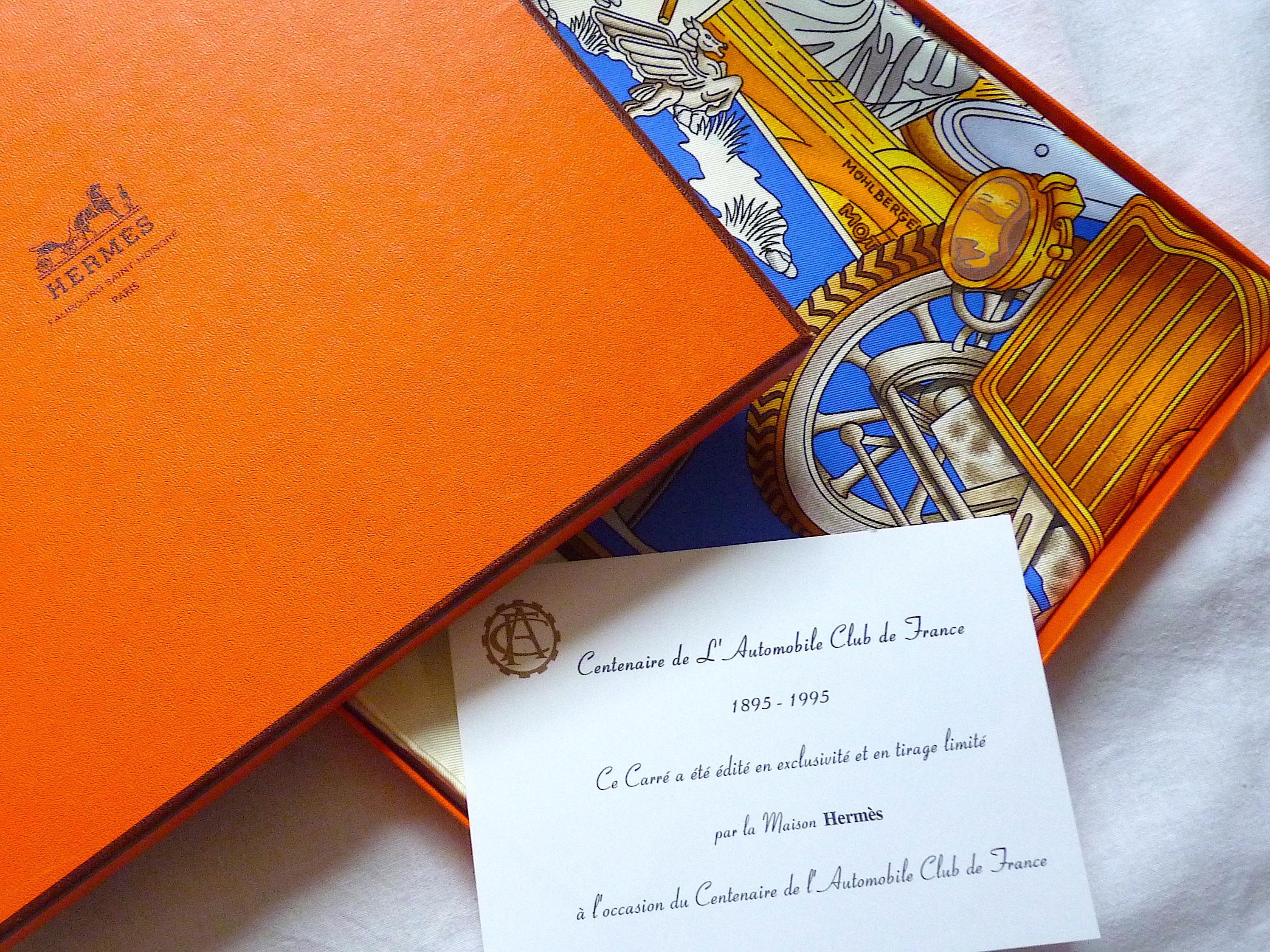 This is a very rare Hermes scarf Automobile Special Edition released in 1995 for the Centenary of Automobile Club de France, Brand New in original Hermès Box.
Very sought after among Hermes Collectors, This ultra rare scarf is Brand new and will