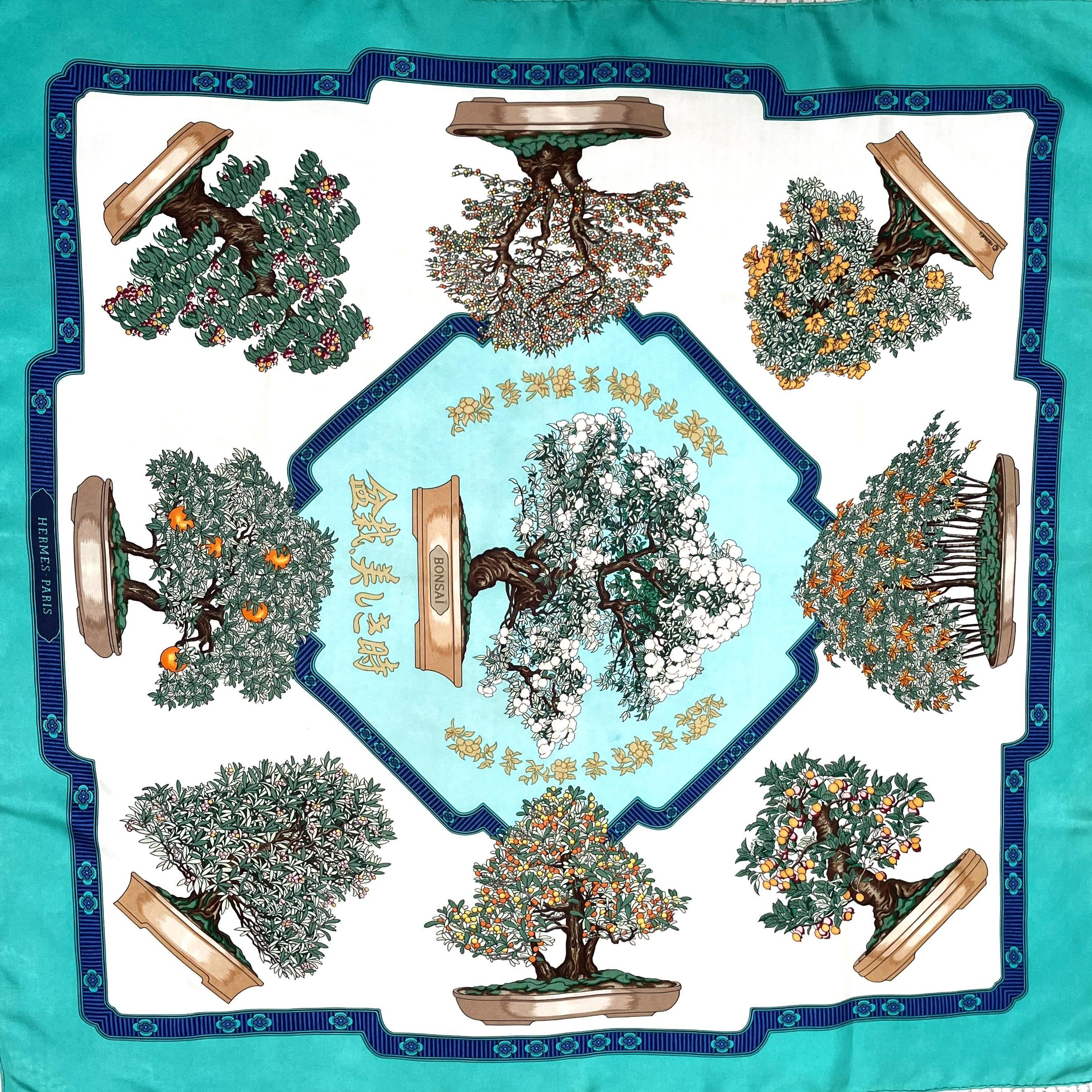 HERMÉS SCARF, BONSAI, 100 % silk, 90x90 cm, hand rolled For Sale 5
