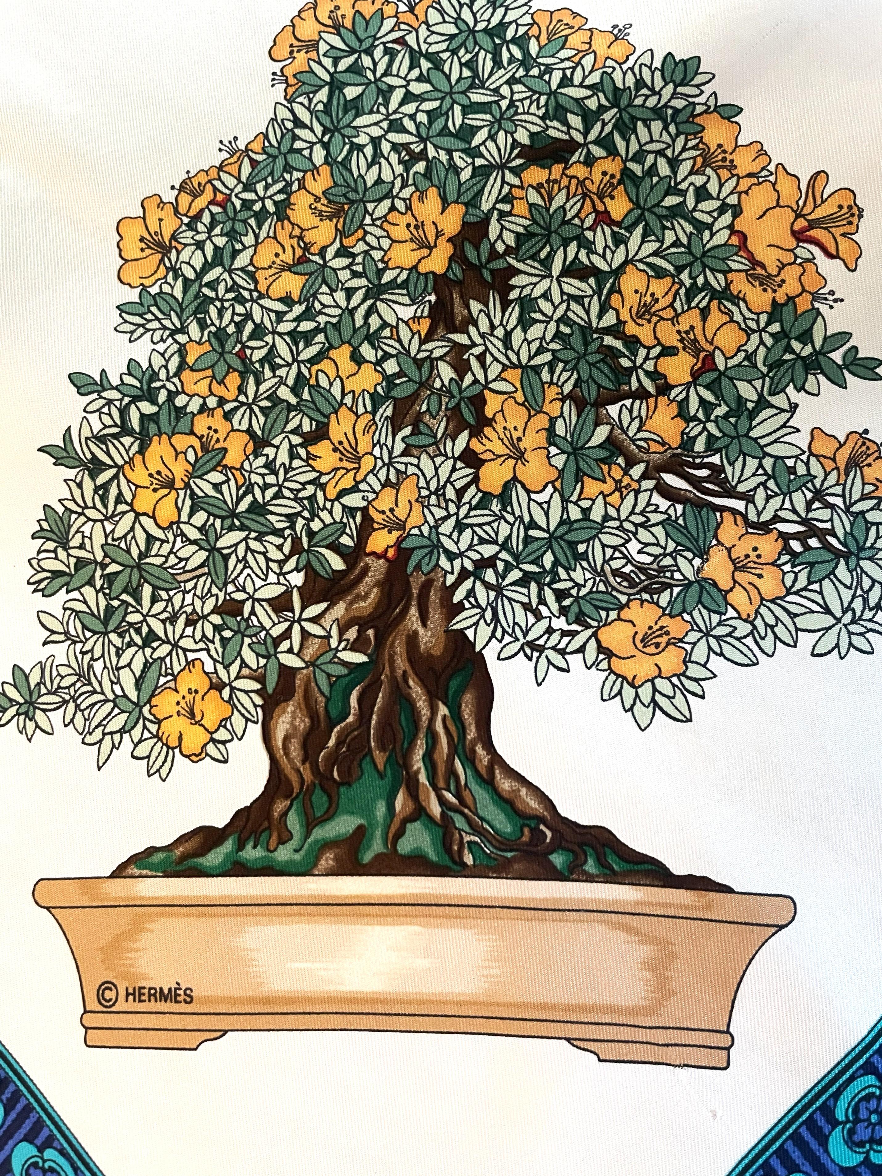 HERMÉS SCARF, BONSAI, 100 % silk, 90x90 cm, hand rolled For Sale 6