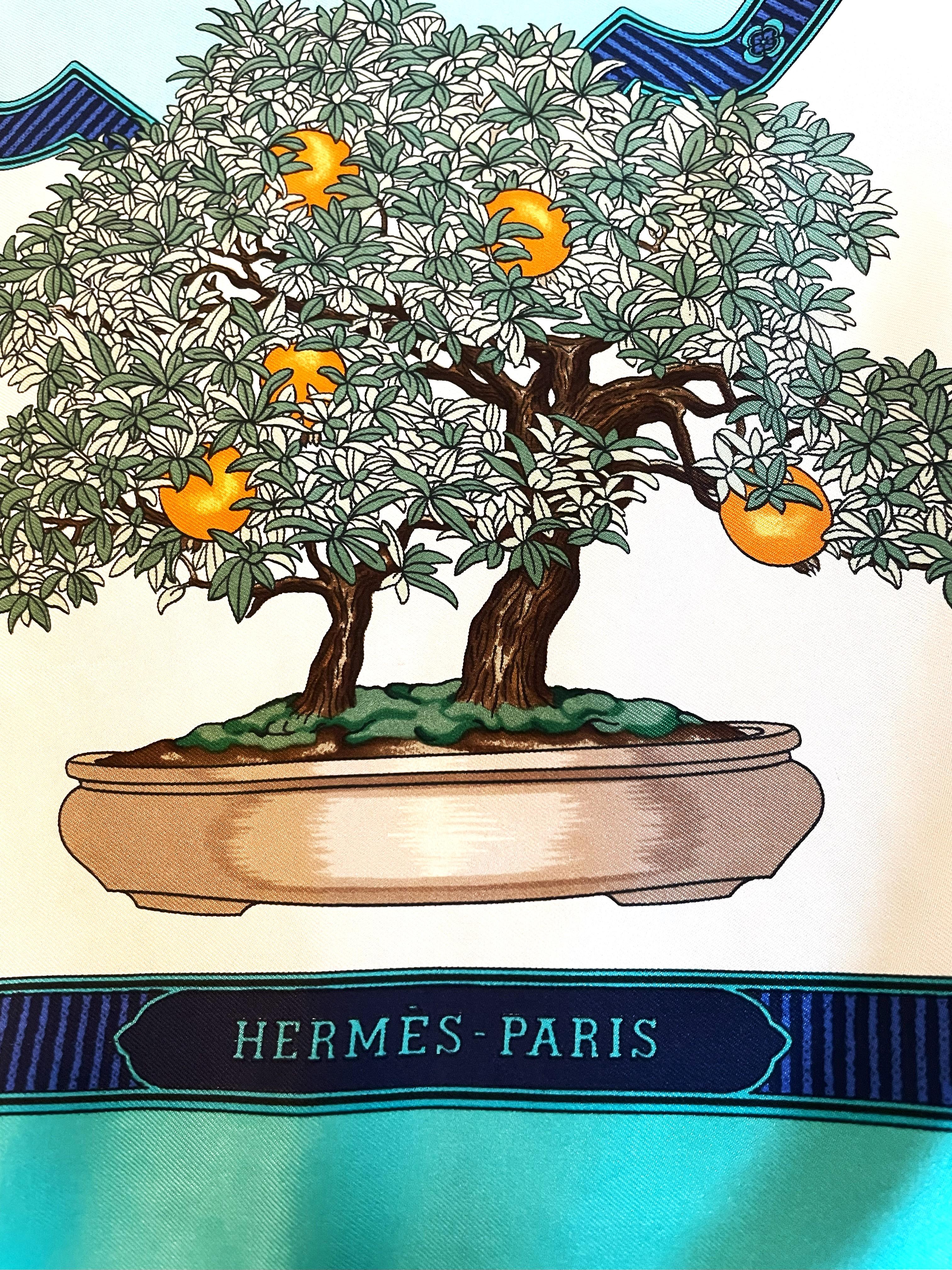 HERMÉS SCARF, BONSAI, 100 % silk, 90x90 cm, hand rolled For Sale 7