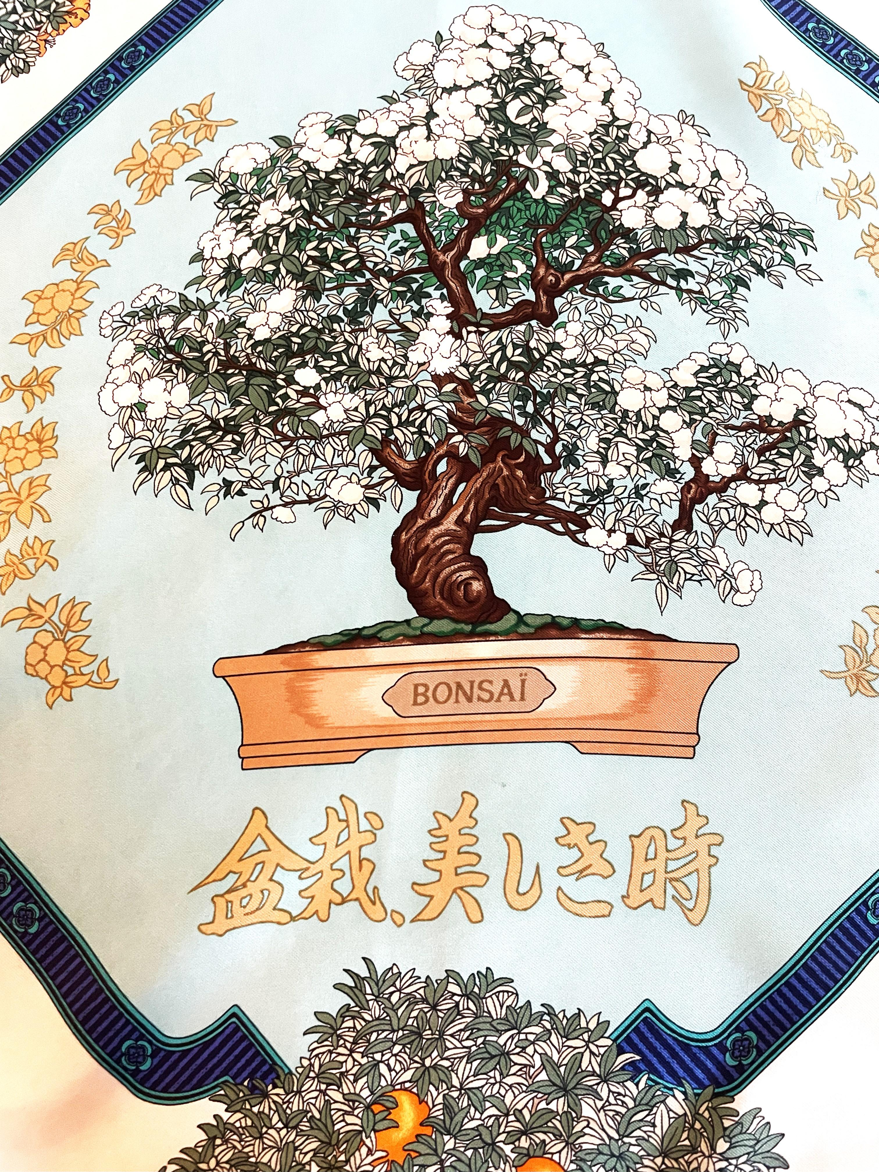 HERMÉS SCARF, BONSAI, 100 % silk, 90x90 cm, hand rolled For Sale 8