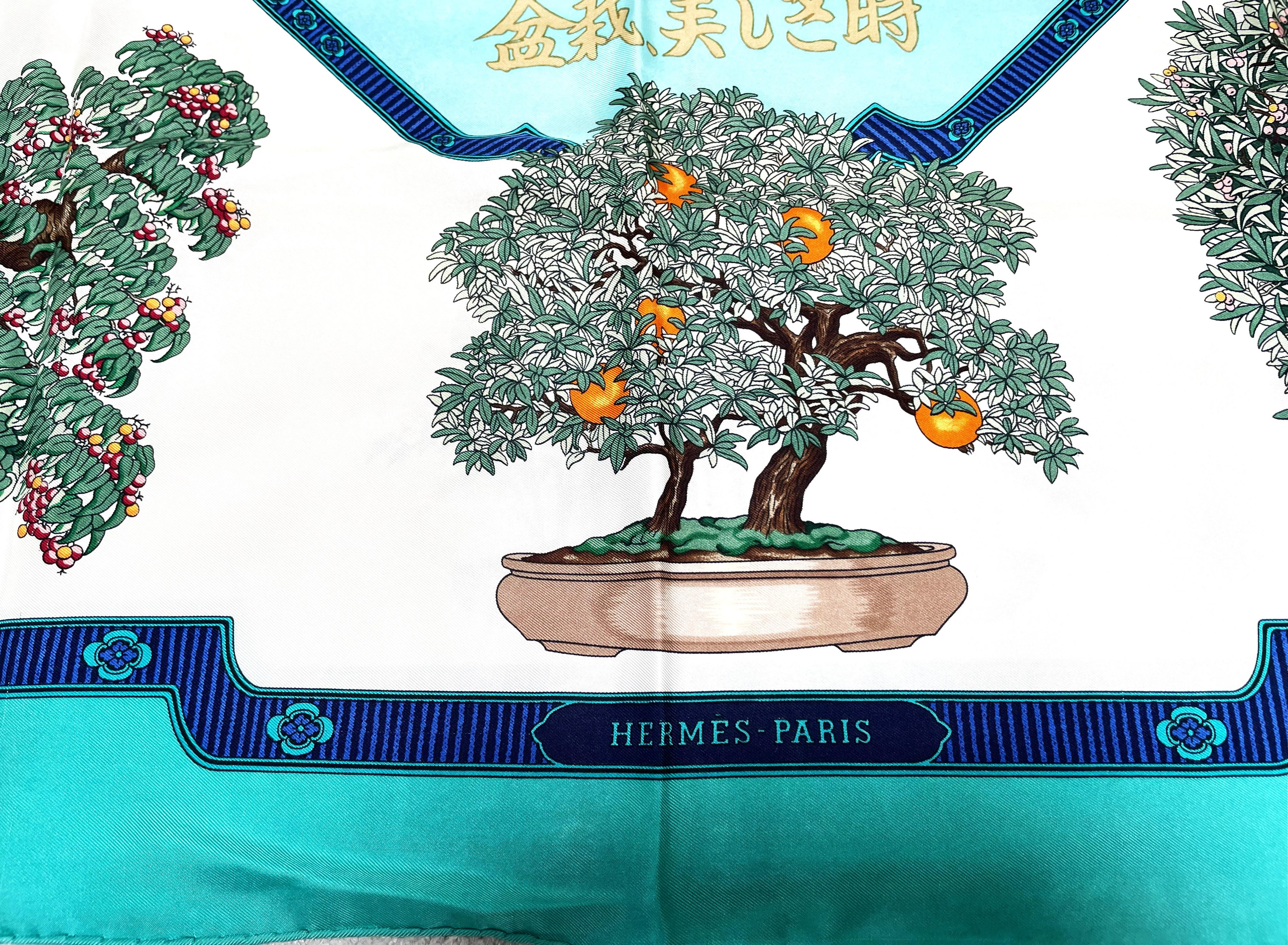 Blue HERMÉS SCARF, BONSAI, 100 % silk, 90x90 cm, hand rolled For Sale