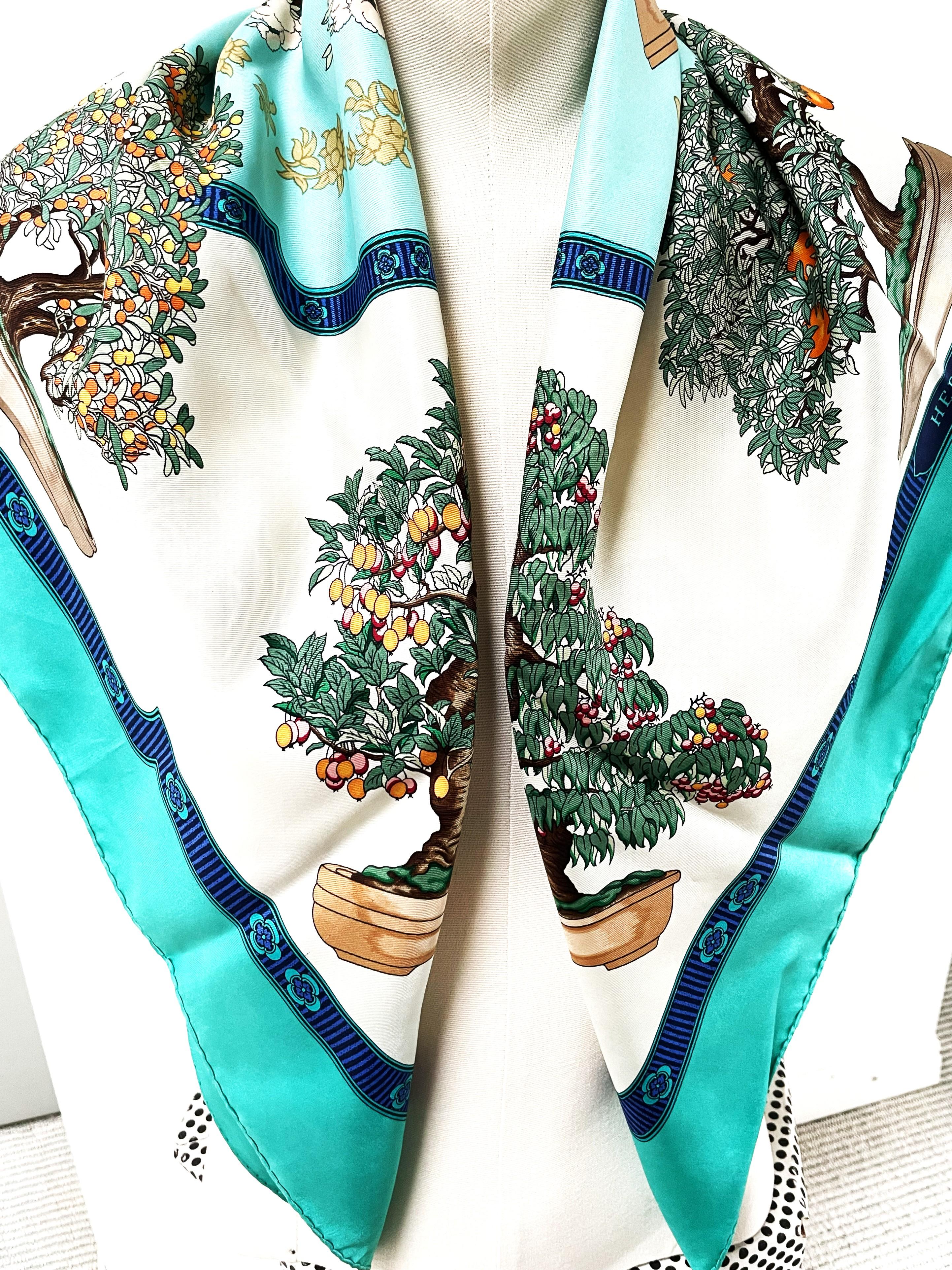 HERMÉS SCARF, BONSAI, 100 % silk, 90x90 cm, hand rolled For Sale 1
