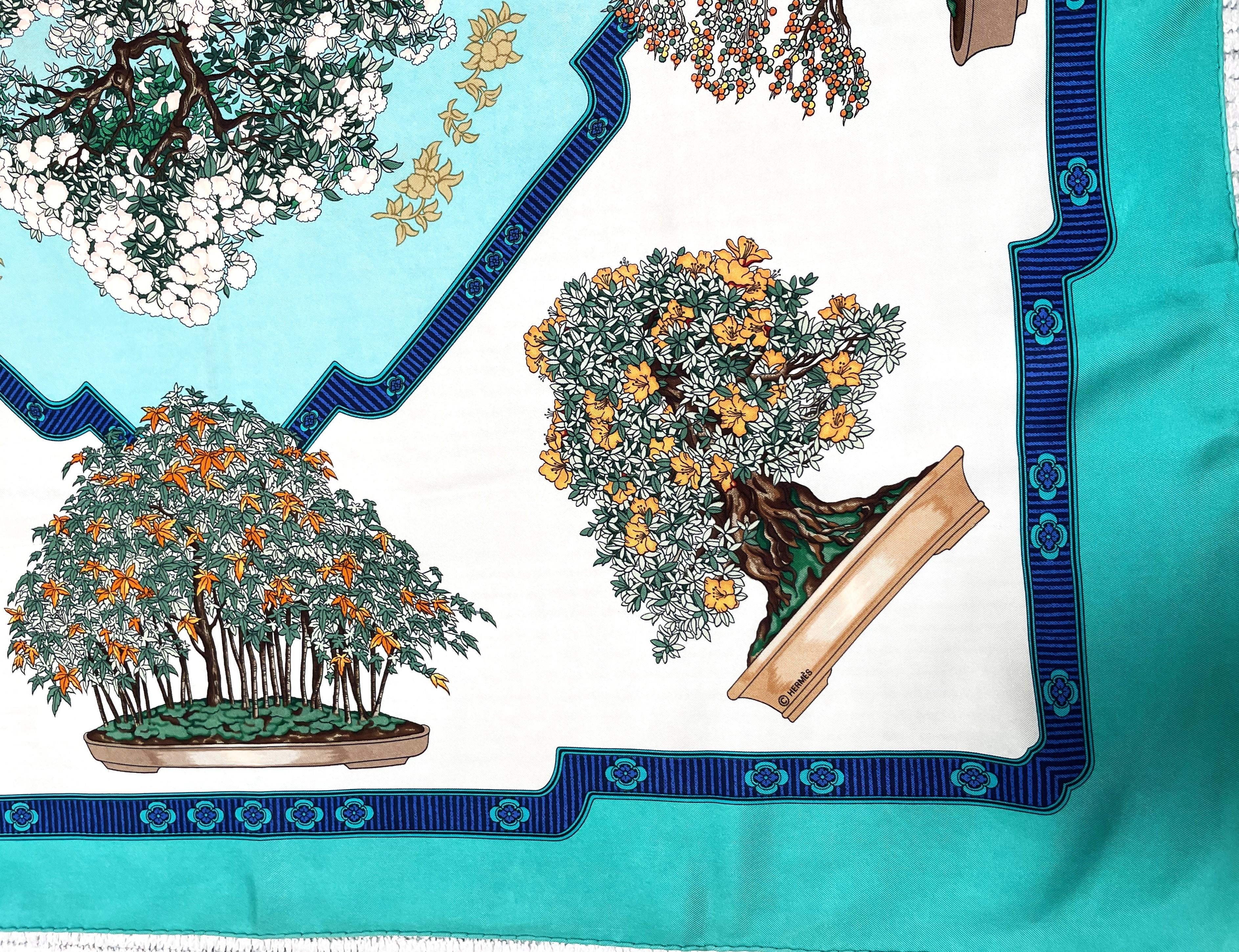HERMÉS SCARF, BONSAI, 100 % silk, 90x90 cm, hand rolled For Sale 3