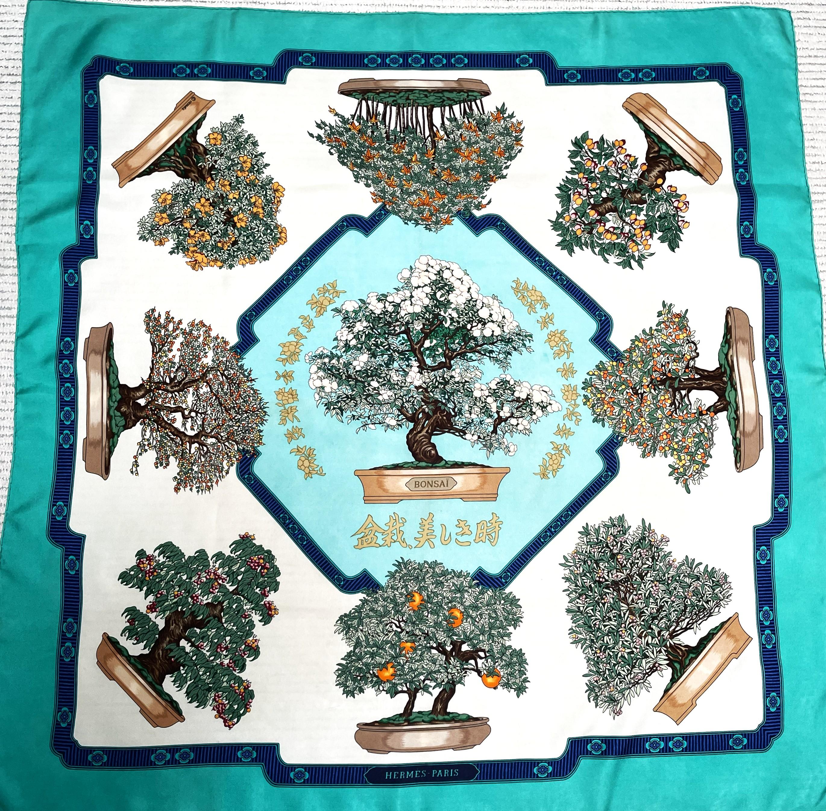 HERMÉS SCARF, BONSAI, 100 % silk, 90x90 cm, hand rolled For Sale 4