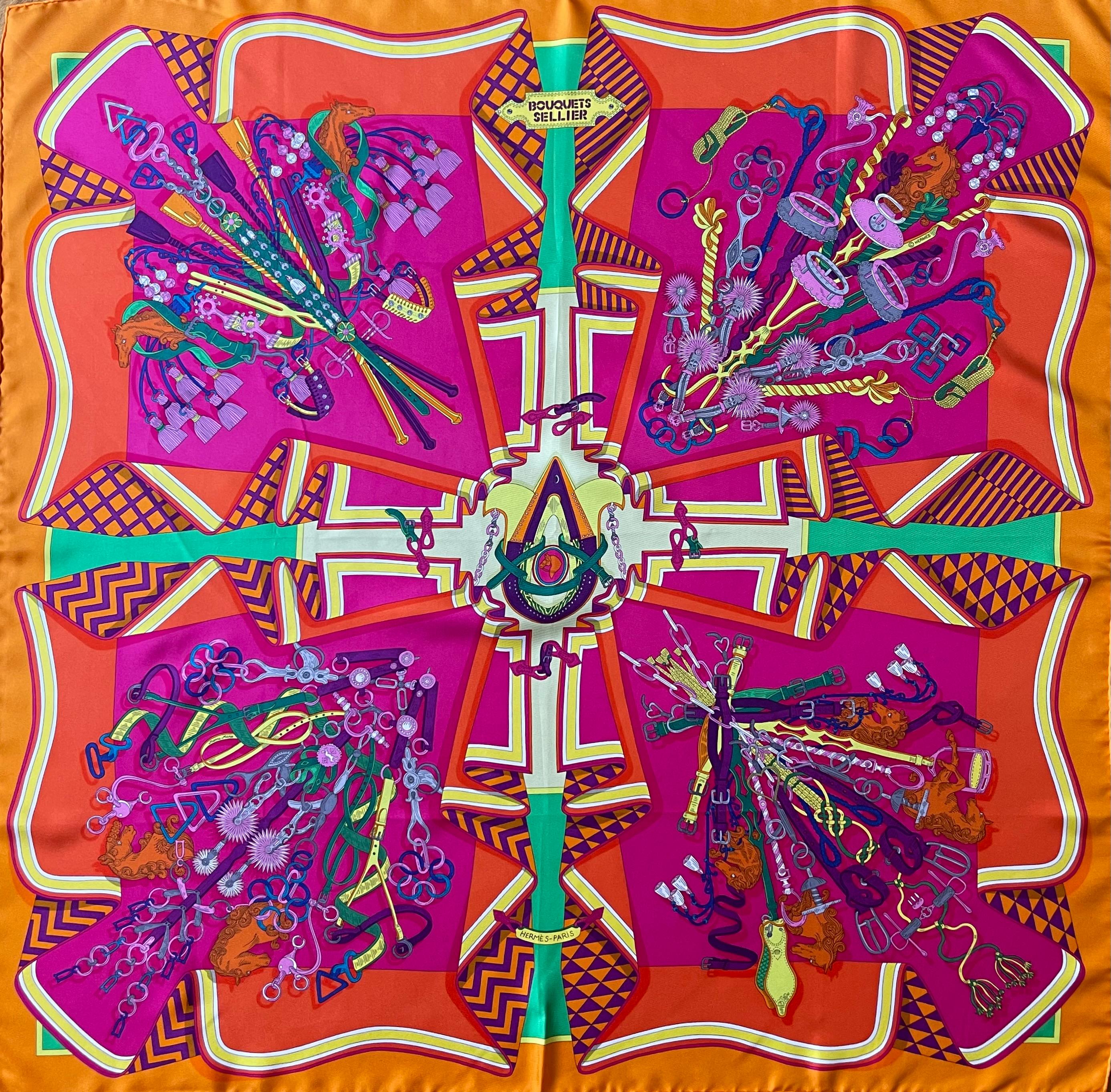Beautiful Hermès scarf designed by Pierre-Marie in 2014, with only one edition this is a rare item that is really sought after among collectors. The colors are vibrant and bold. The orange is typical of hermes and is iconic.

In good condition.
35in