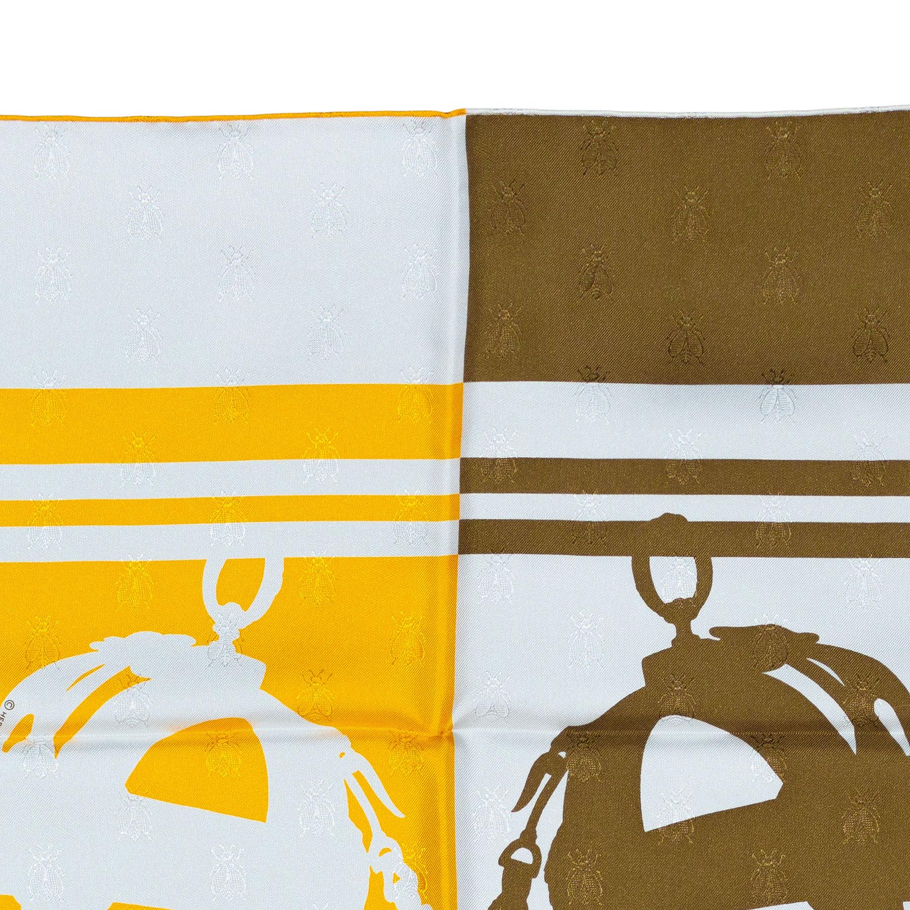 Sciarpa Hermes - Bride De Gala Quadri Tattoo - Jacquard Giallo Whiting marrone in vendita 7