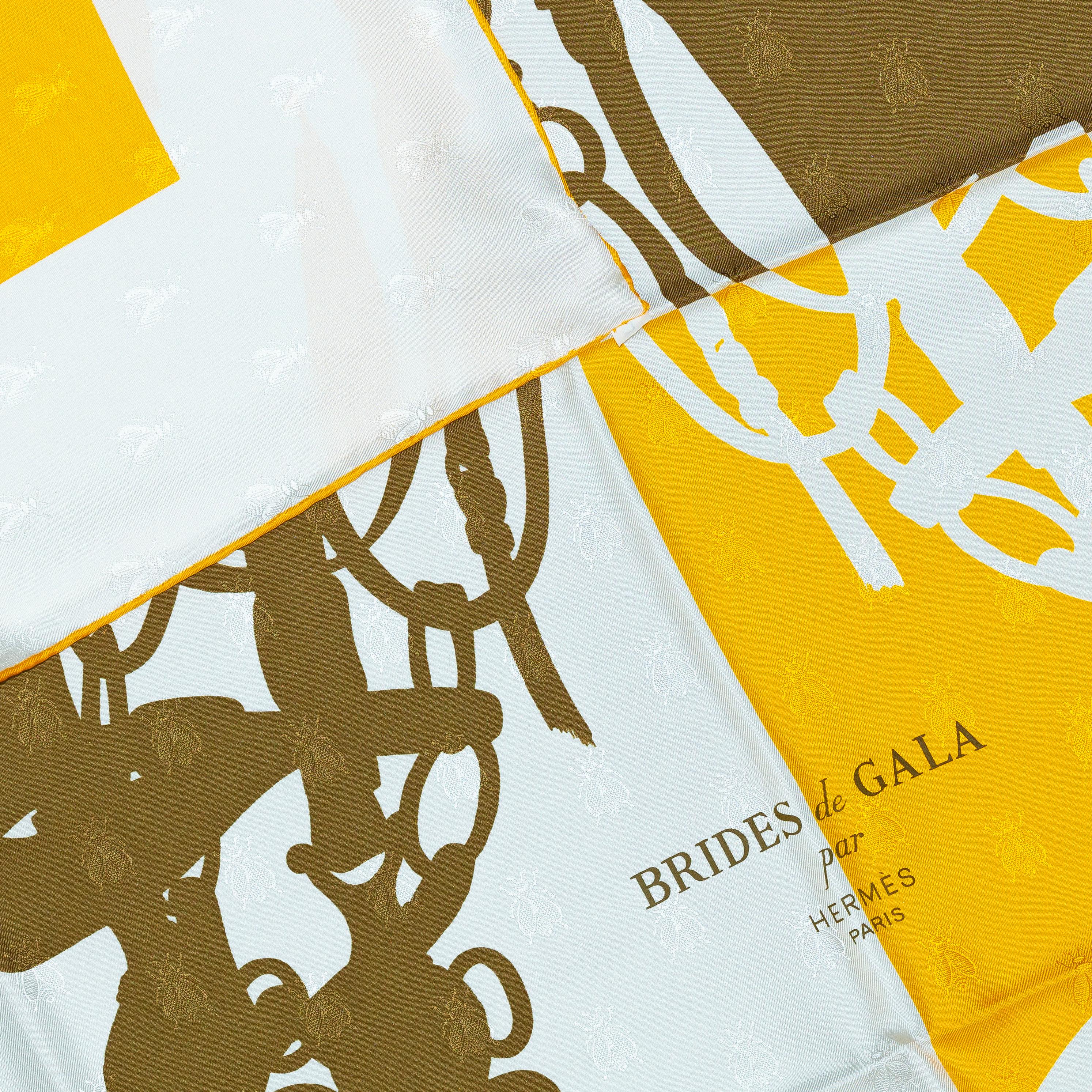Sciarpa Hermes - Bride De Gala Quadri Tattoo - Jacquard Giallo Whiting marrone in vendita 9