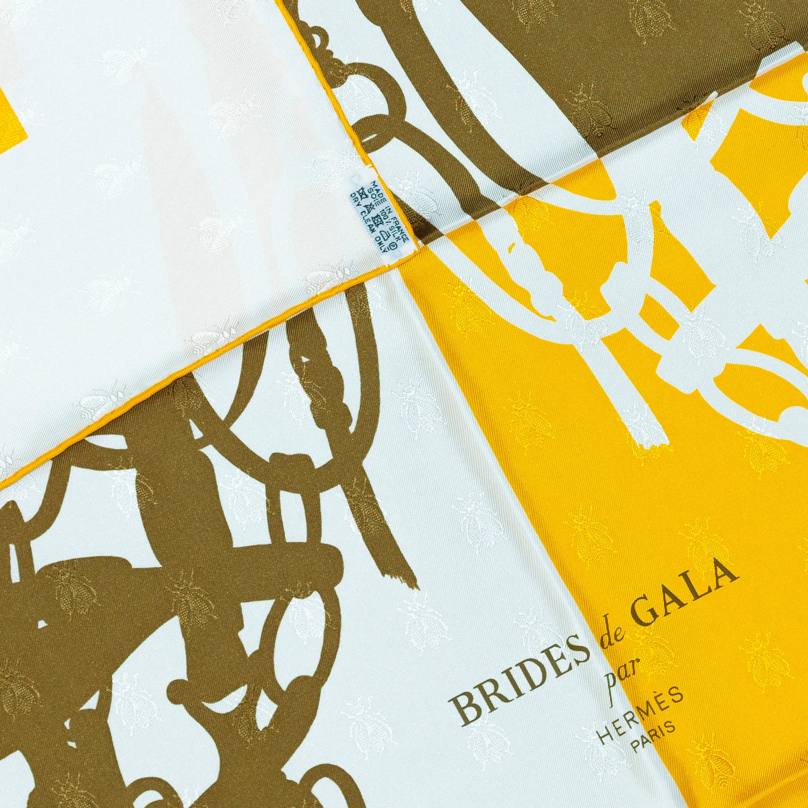 Grigio Sciarpa Hermes - Bride De Gala Quadri Tattoo - Jacquard Giallo Whiting marrone in vendita