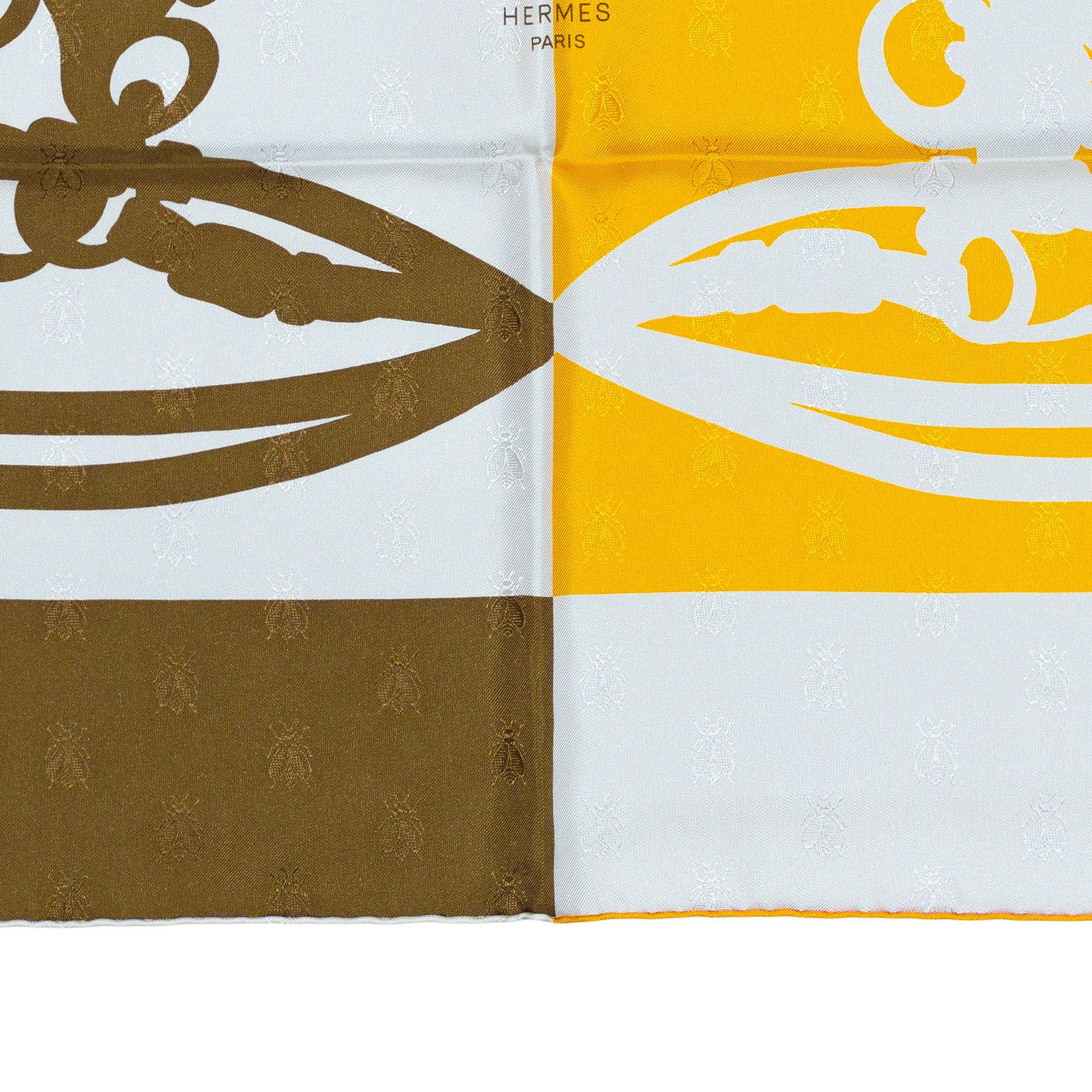 Sciarpa Hermes - Bride De Gala Quadri Tattoo - Jacquard Giallo Whiting marrone in vendita 1