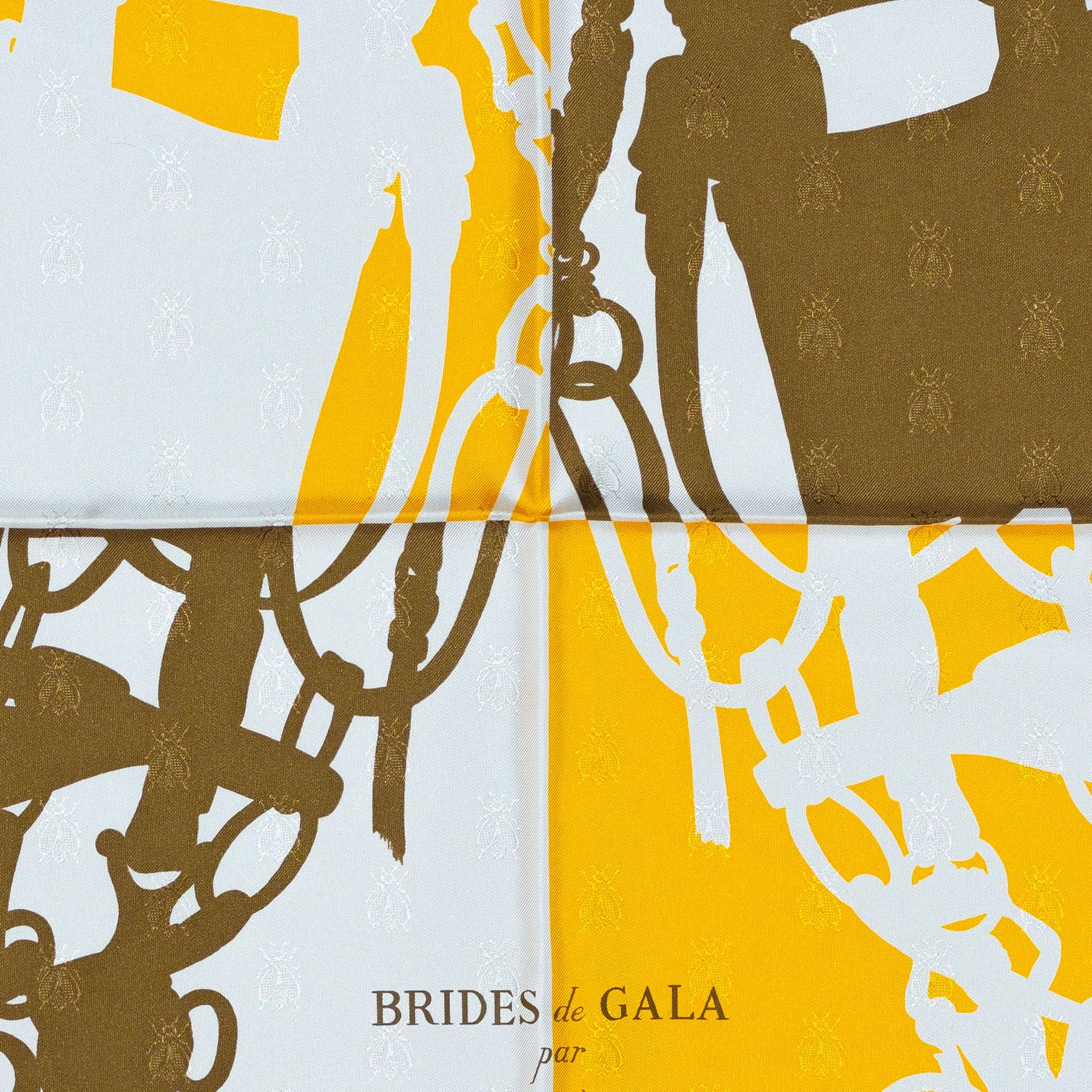 Sciarpa Hermes - Bride De Gala Quadri Tattoo - Jacquard Giallo Whiting marrone in vendita 4