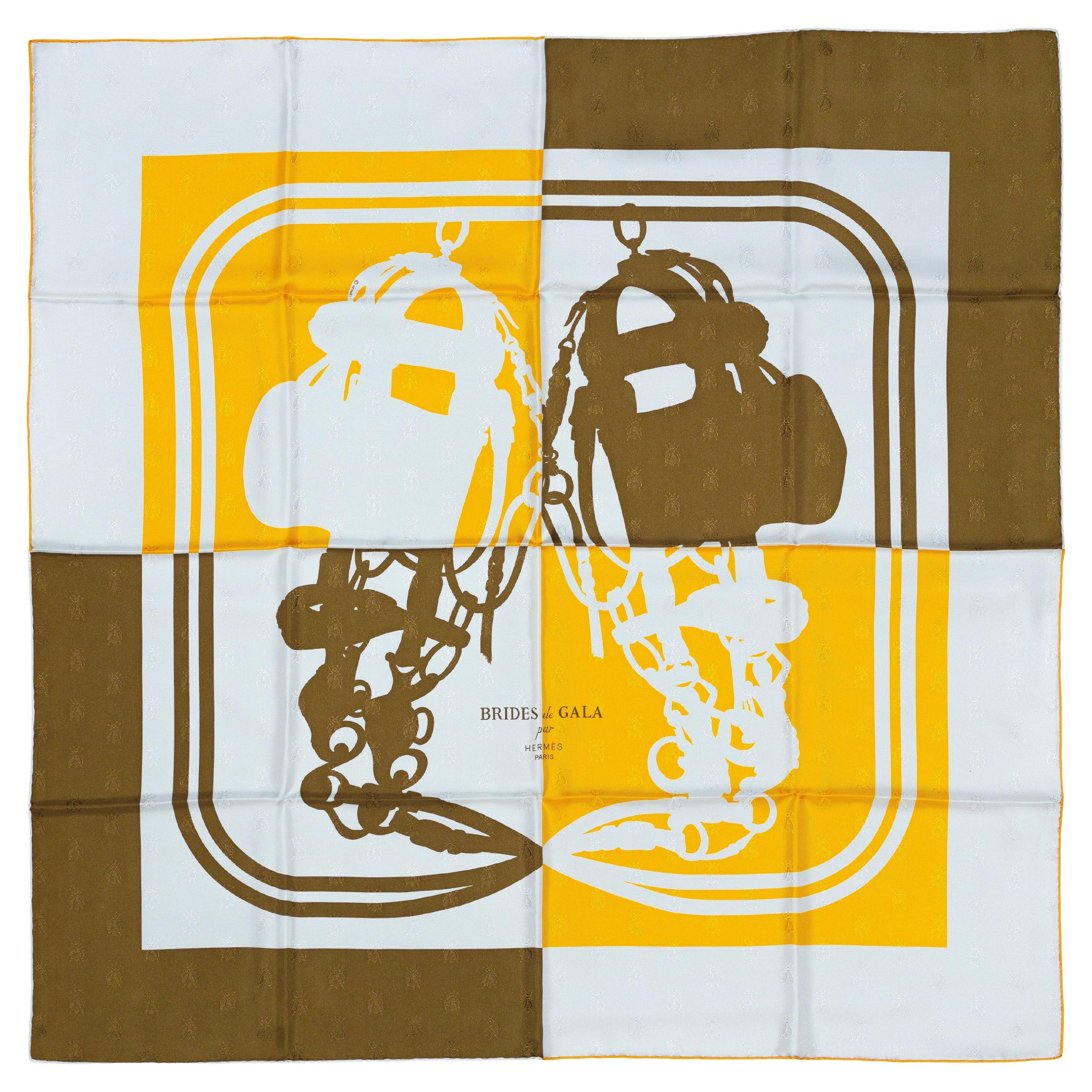 Sciarpa Hermes - Bride De Gala Quadri Tattoo - Jacquard Giallo Whiting marrone in vendita
