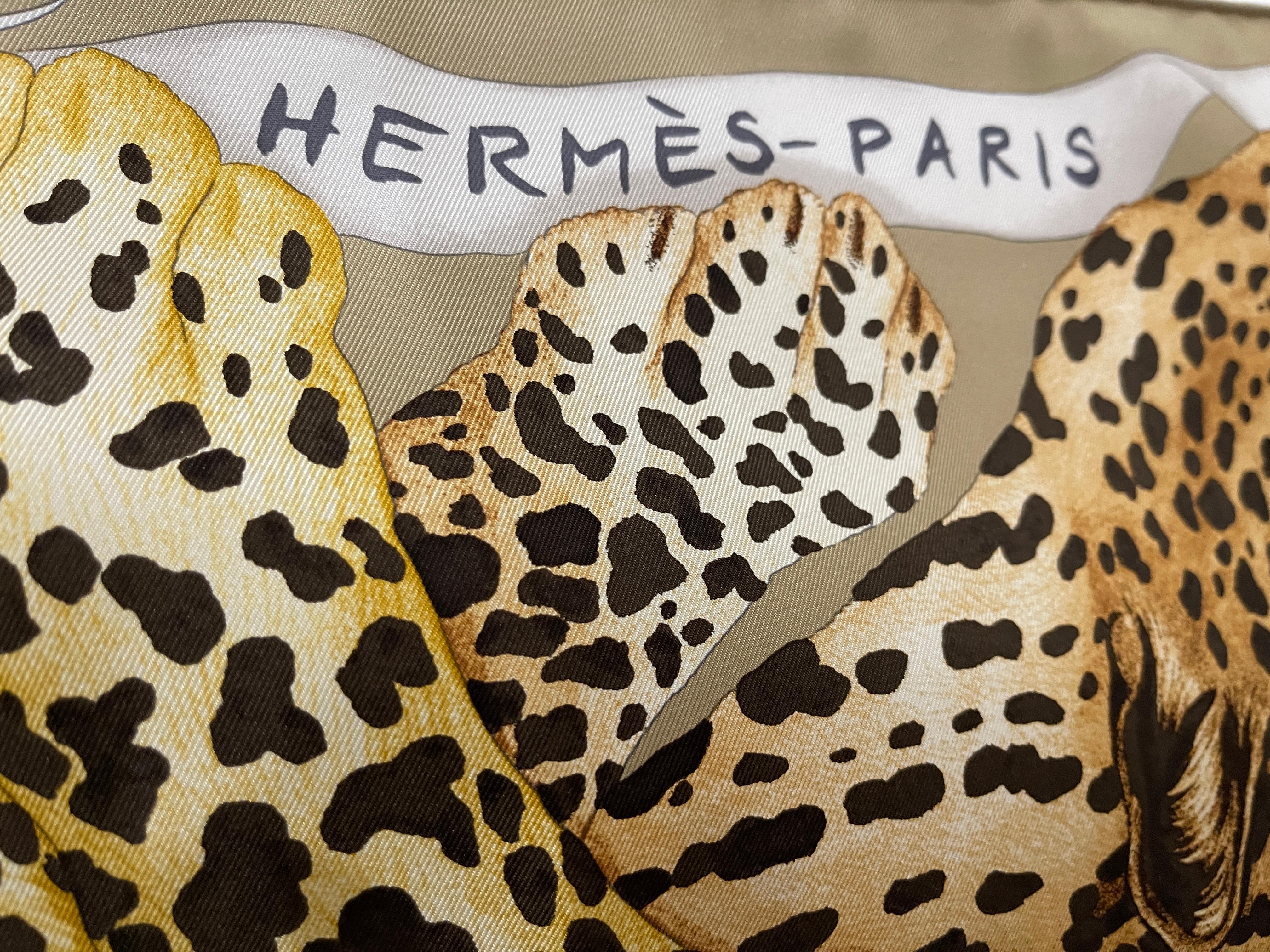 Hermes Scarf Camel Anthracite Black Lazy Leopardesses 90 Color 04 Scarf/Wrap In New Condition In West Chester, PA