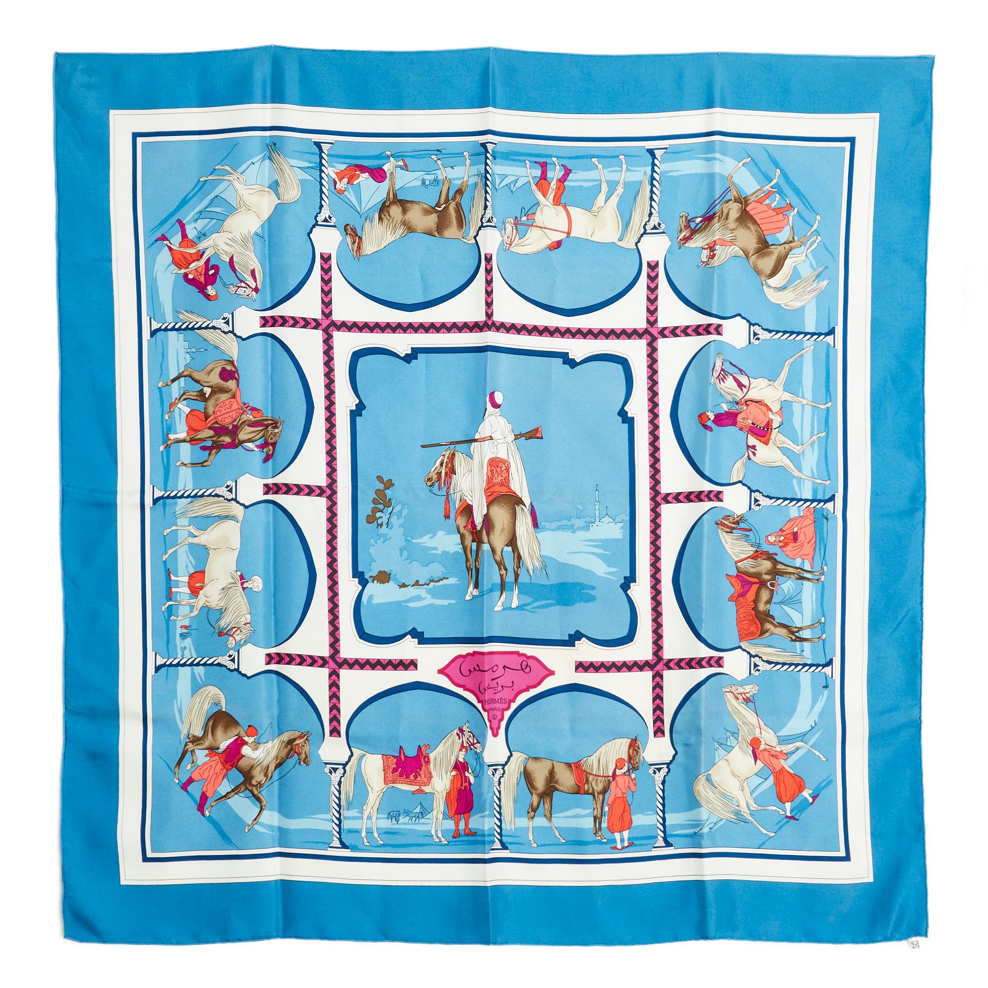 Hermès square 90 scarf in silk twill, Perspective pattern by A.M. Cassandre, pale blue tones. Width 90 cm x length 90 cm approximately. The square is vintage and it probably shows some traces of use and it has a small pen mark but it remains in very
