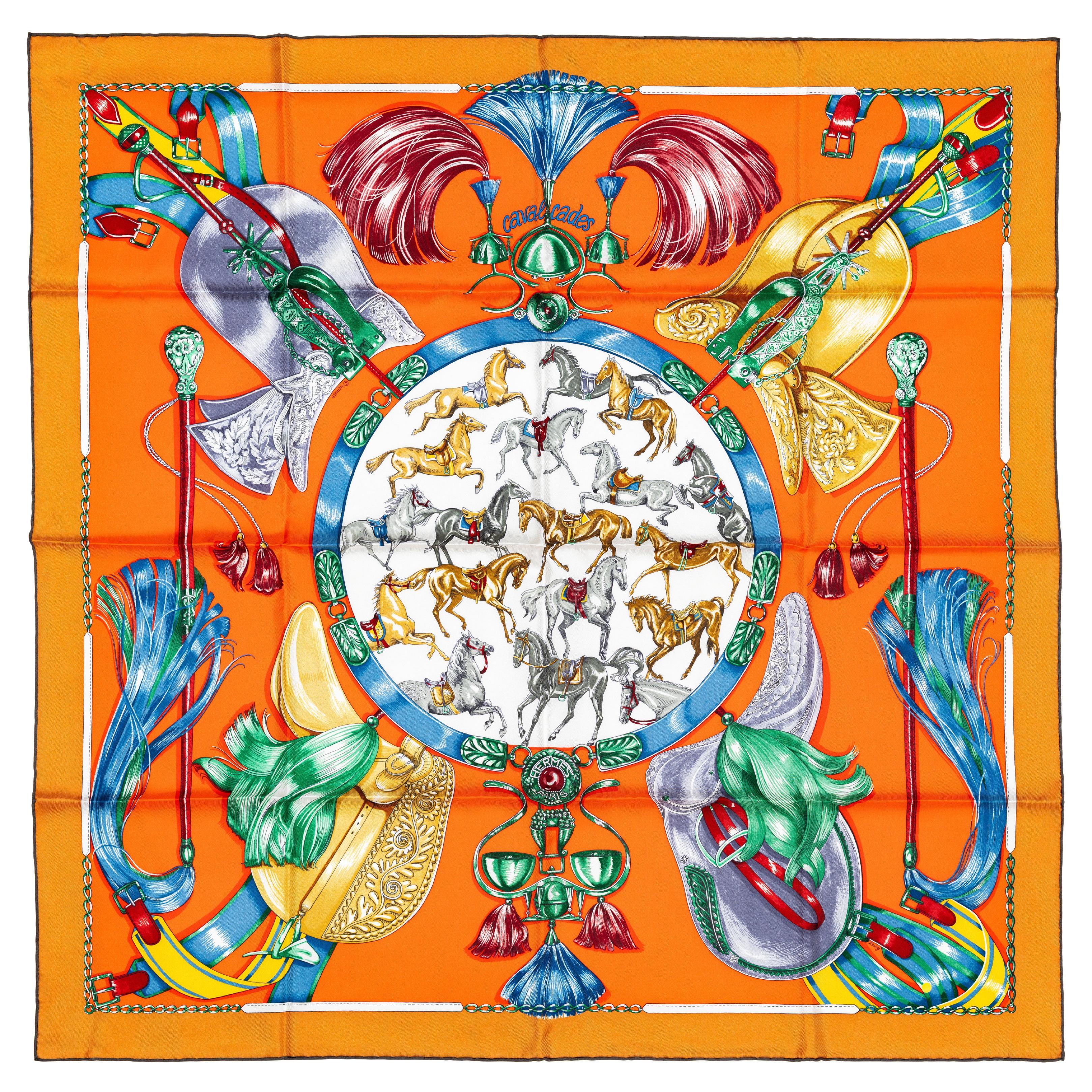 Hermes Bufanda Cavalcades - Caramel - Rouge - Vert - Nueva Etiqueta de la Tienda en venta