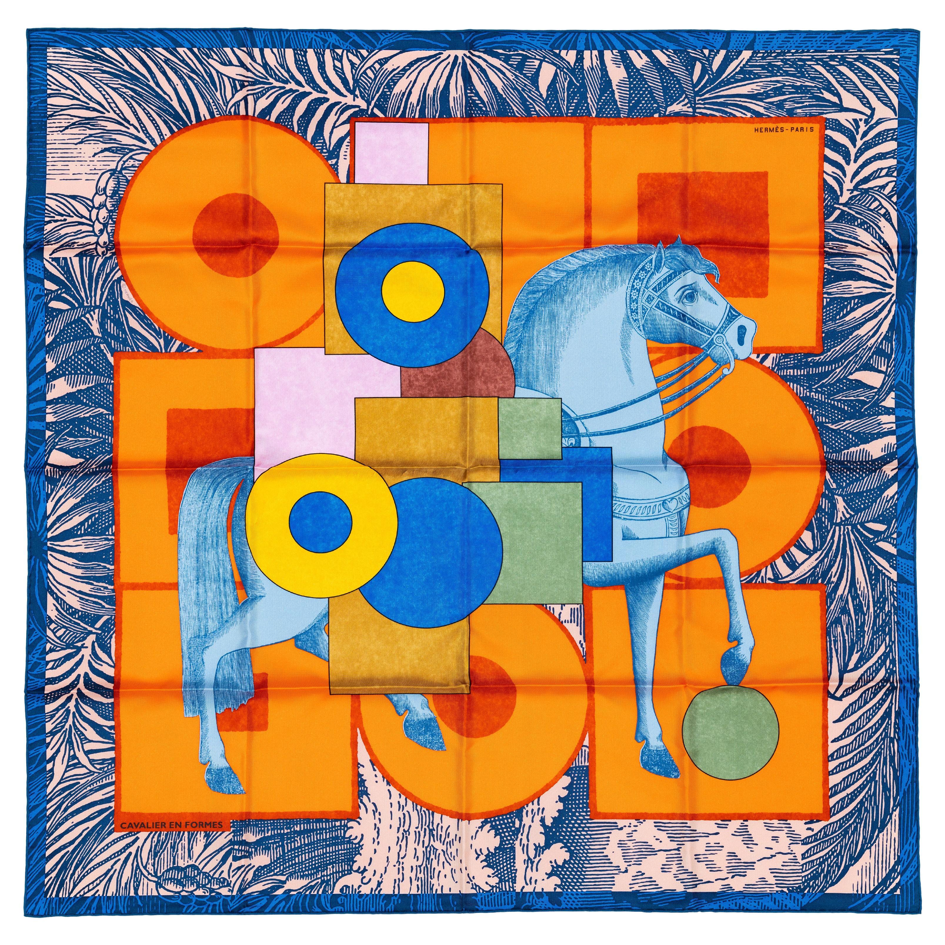 Hermes Bufanda Cavalier en Formes - Bleu Moyen - Orange - Nueva Etiqueta de la Tienda