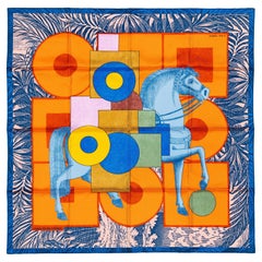Hermes Echarpe Cavalier en Formes - Bleu Moyen - Orange - New Store Tag