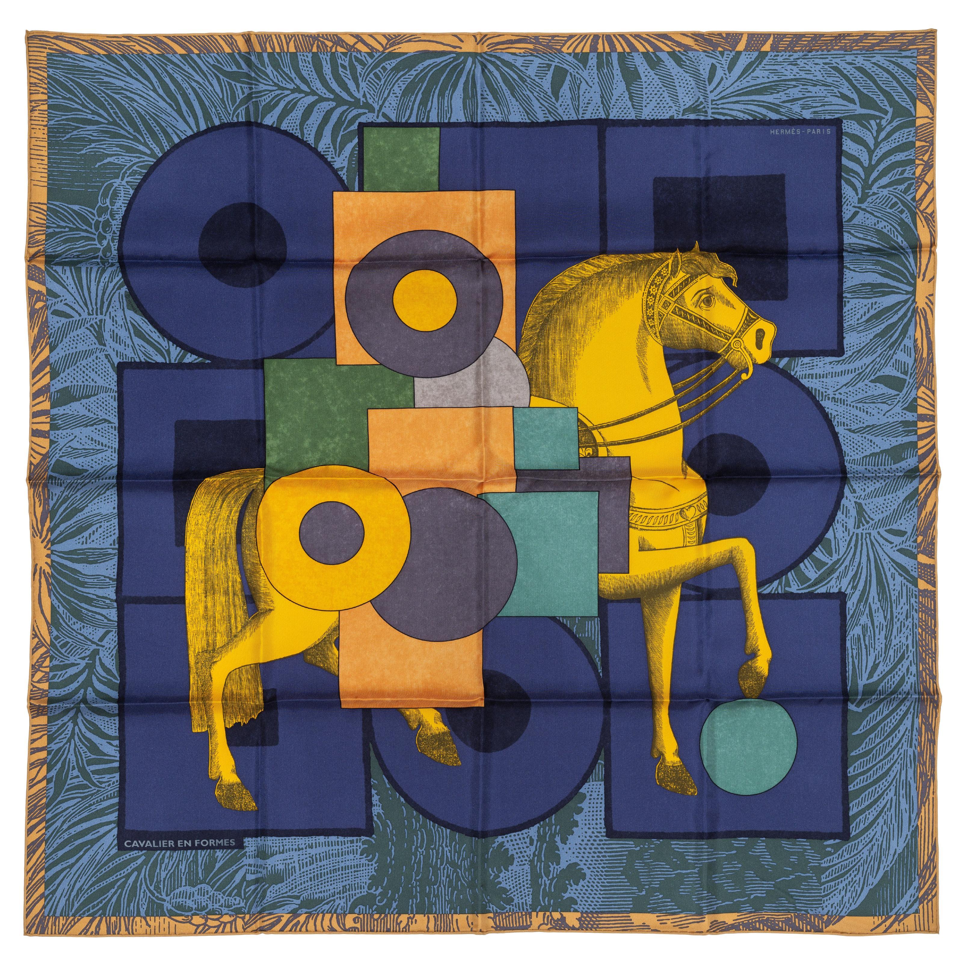 Hermes Sciarpa Cavalier en Formes - Bleu Nuit - Jaune d'Or - New Store Tag