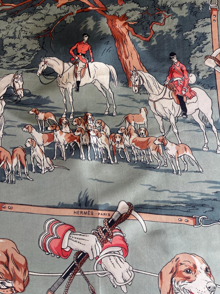Foulard Vintage Soie 100% Thème Chasse à Courre - Imprimé Animal, Italie, Occasion Bon état