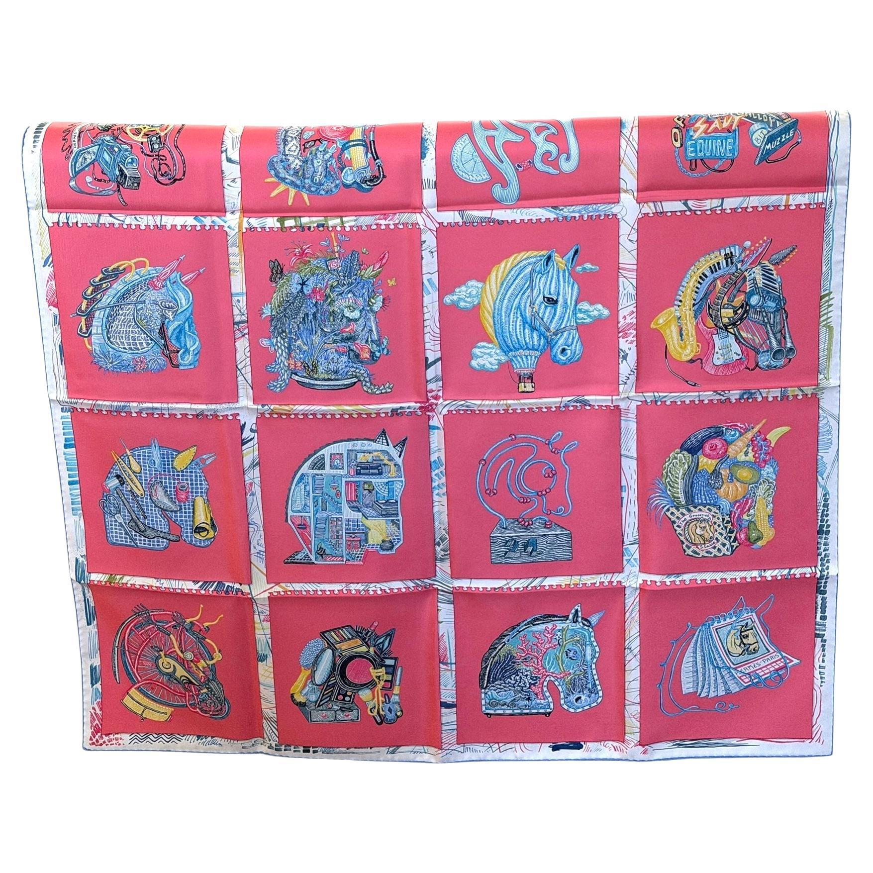 Hermes Scarf Chevaloscope Scarf 02 Rose Bleu Multi NIB im Angebot