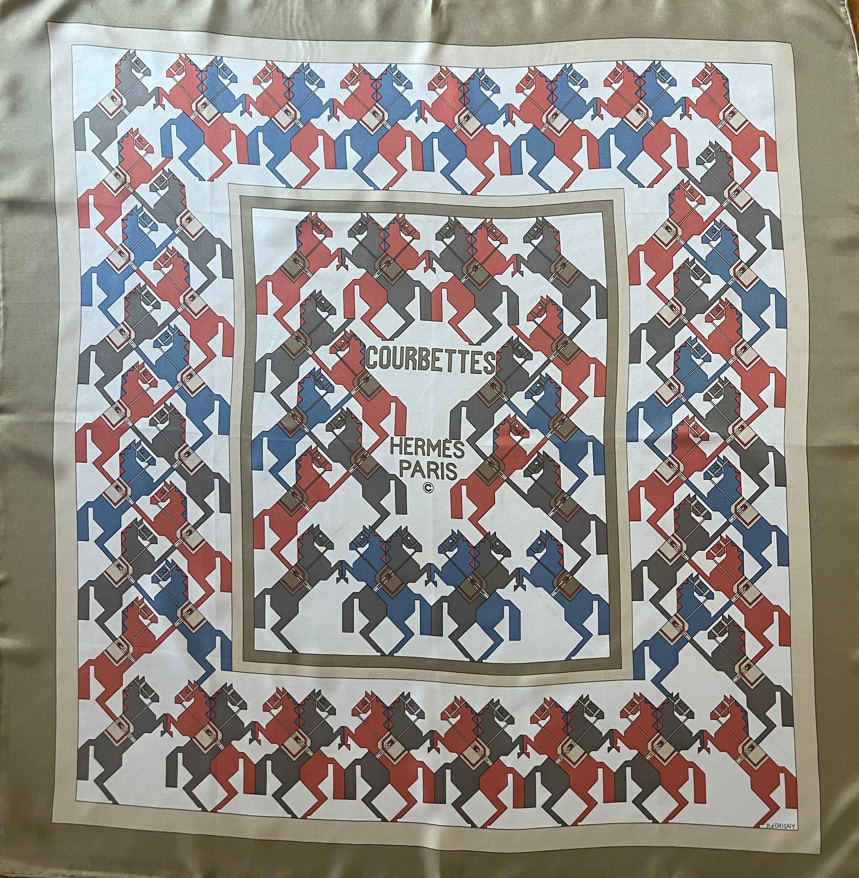 Le foulard Hermès intitulé Courbettes, dessiné par Françoise de la Perrière et édité pour la première fois en 1985, est un bel objet. Courbettes est considérée comme une pièce rare et recherchée par les collectionneurs en raison de son design unique
