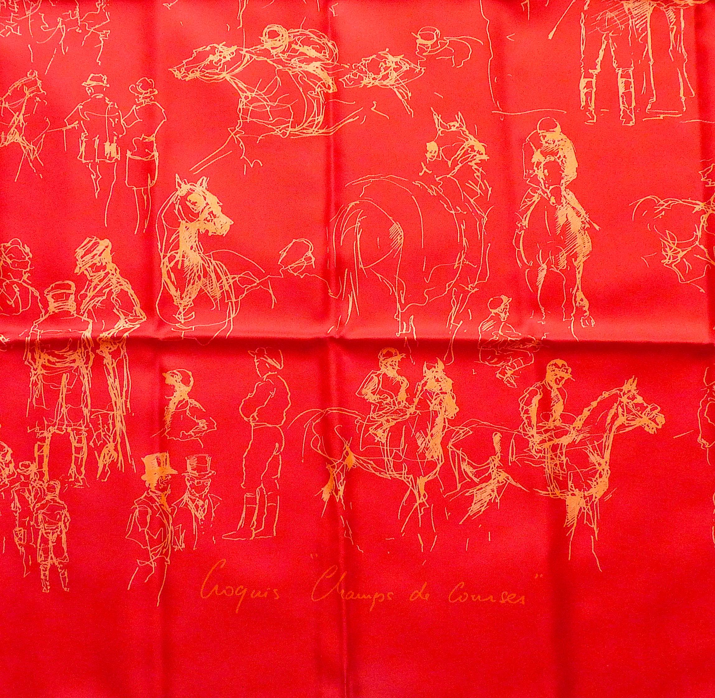 HERMES Scarf Croquis Champ de Course by Hubert de Watrigant, very sought after design, 1 single edition from 2007, Pristine Condition ! Unworn !

Red Background, Pale Pink Pattern

CONDITION : Pristine Condition ! Unworn !

Very Hard to find in such