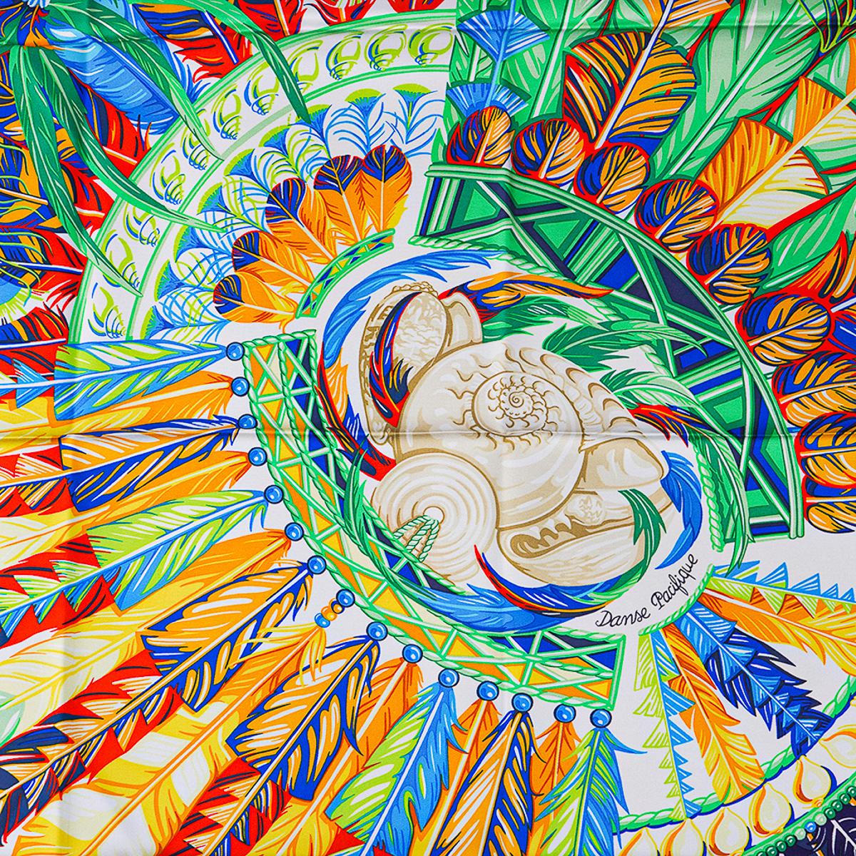 Mightychic offers an Hermes Danse Pacifique Silk scarf by Laurence Bourthoumieux.
Pays tribute to the culture of New Guinea.
Features the feather and cowry adorned headdresses of the Pacific.
Gris Argent, Vert, Jaune colorway.
Signature hand rolled