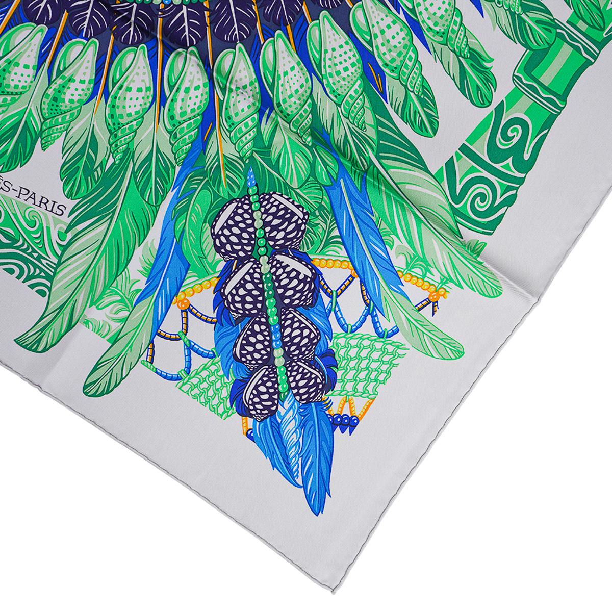 Hermes Scarf Danse Pacifique Gris Argent / Vert/ Jaune Silk For Sale 1