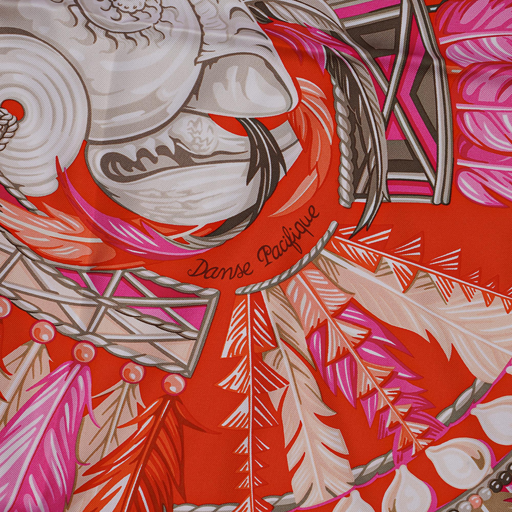 Hermès - Écharpe « Danse Pacifique » en soie orange/rose vif, 90, neuve avec boîte en vente 3