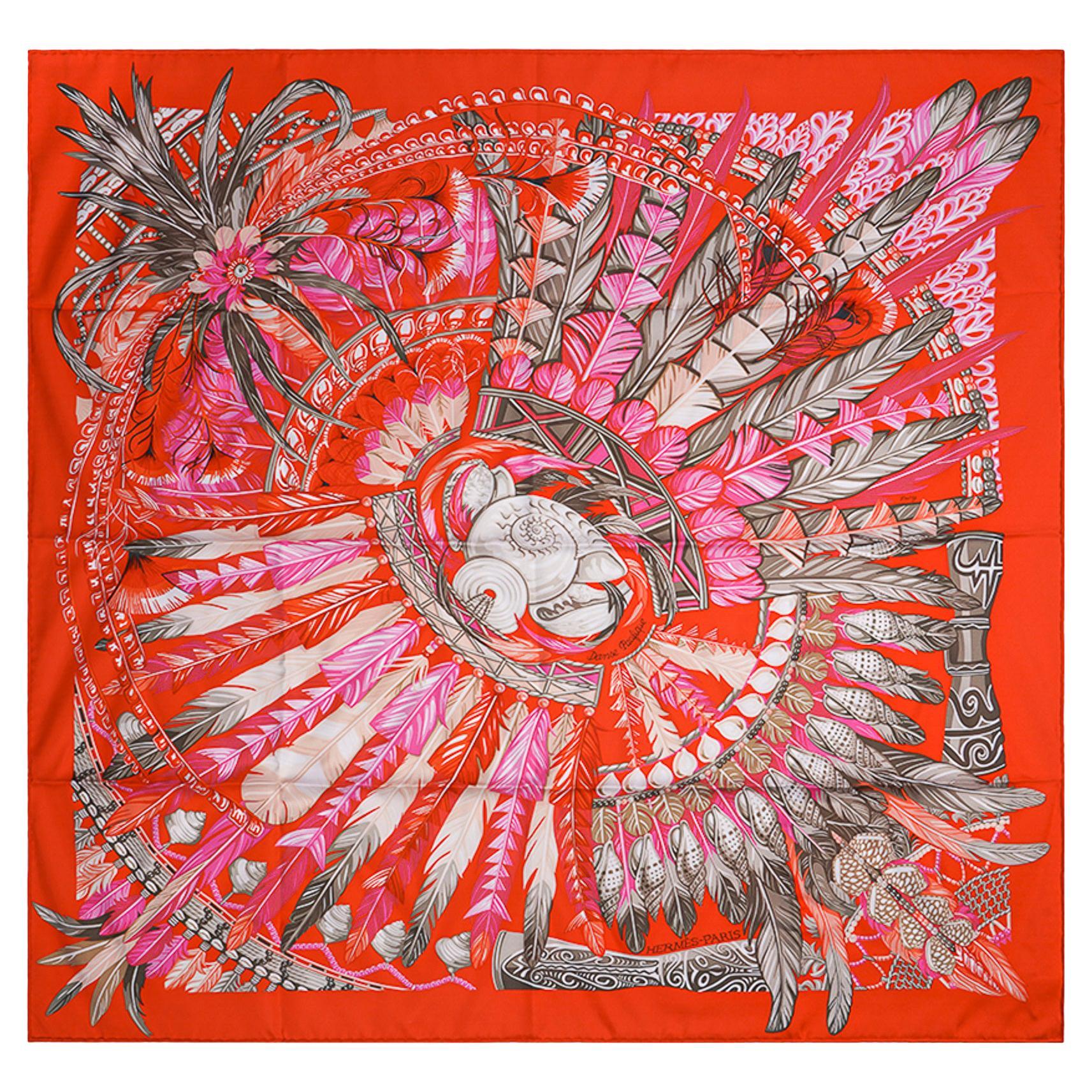 Hermès - Écharpe « Danse Pacifique » en soie orange/rose vif, 90, neuve avec boîte en vente