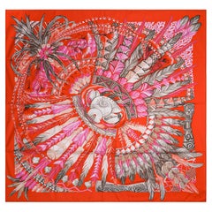 Used Hermes Scarf Danse Pacifique Orange / Rose Vif Silk 90 New w/Box