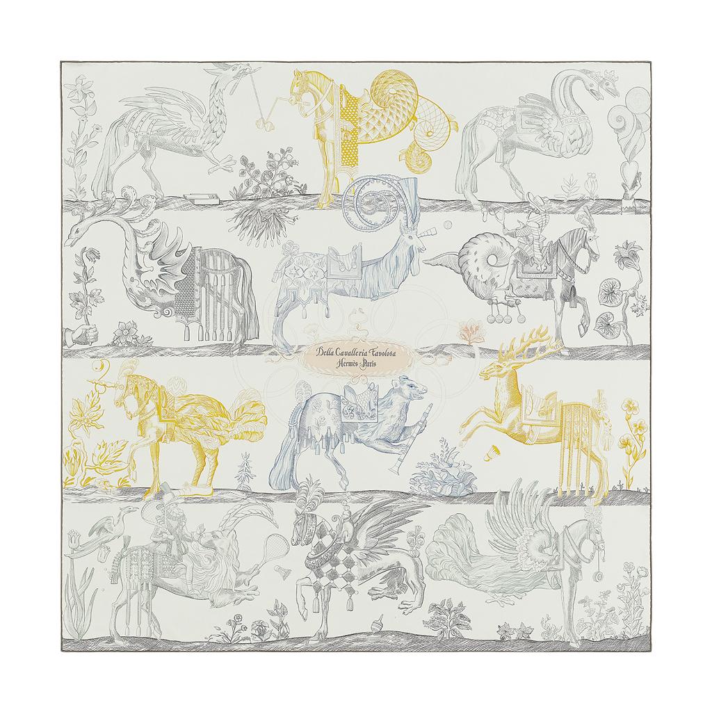 Guaranteed authentic Hermes Della Cavaleria Favolosa Double Face Silk Twill scarf by Virginie Jamin.
Inspired by the treatises condsidered to be one of the most important in the history of riding.
In shades of Gris Argente and Jaune.
Featuring