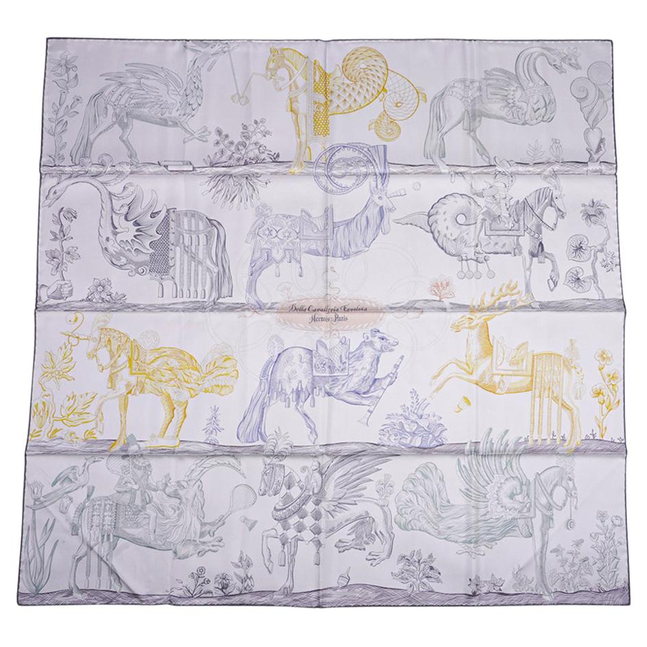 Hermes Scarf Della Cavalleria Favolosa Gris Argente/Jaune/Etoupe Double Face 90