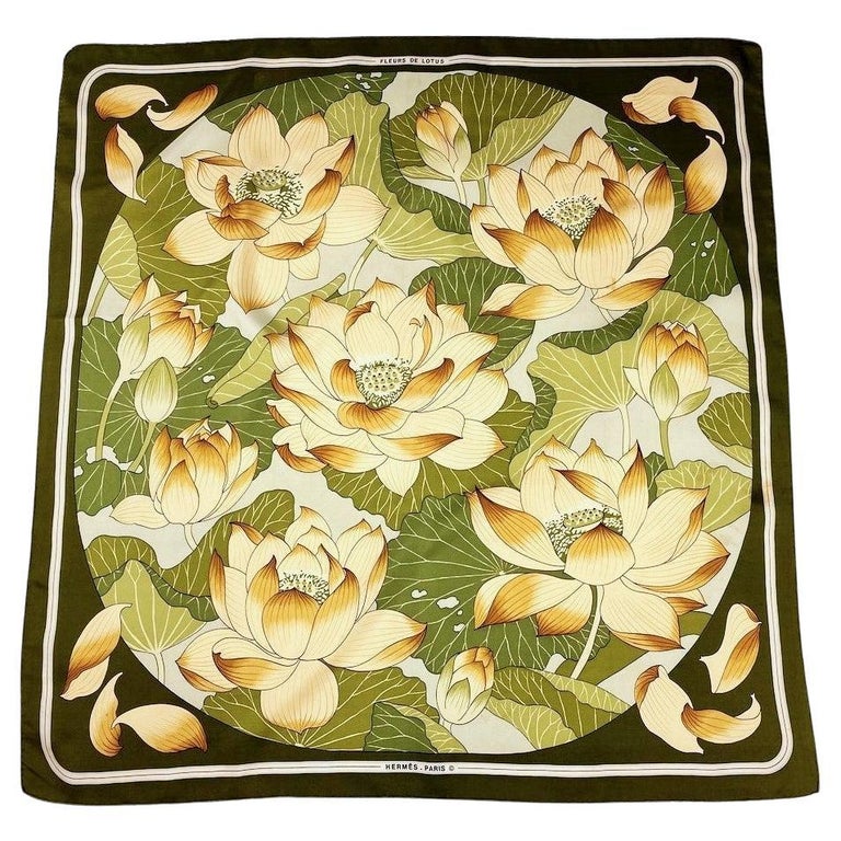 Hermès Scarf entitled "Fleurs de Lotus" by Christiane Vauzelles Circa 1985 For Sale