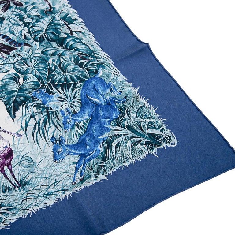 Hermes Scarf Equateur Wash Silk Twill Marine Creme Viole 90 New W