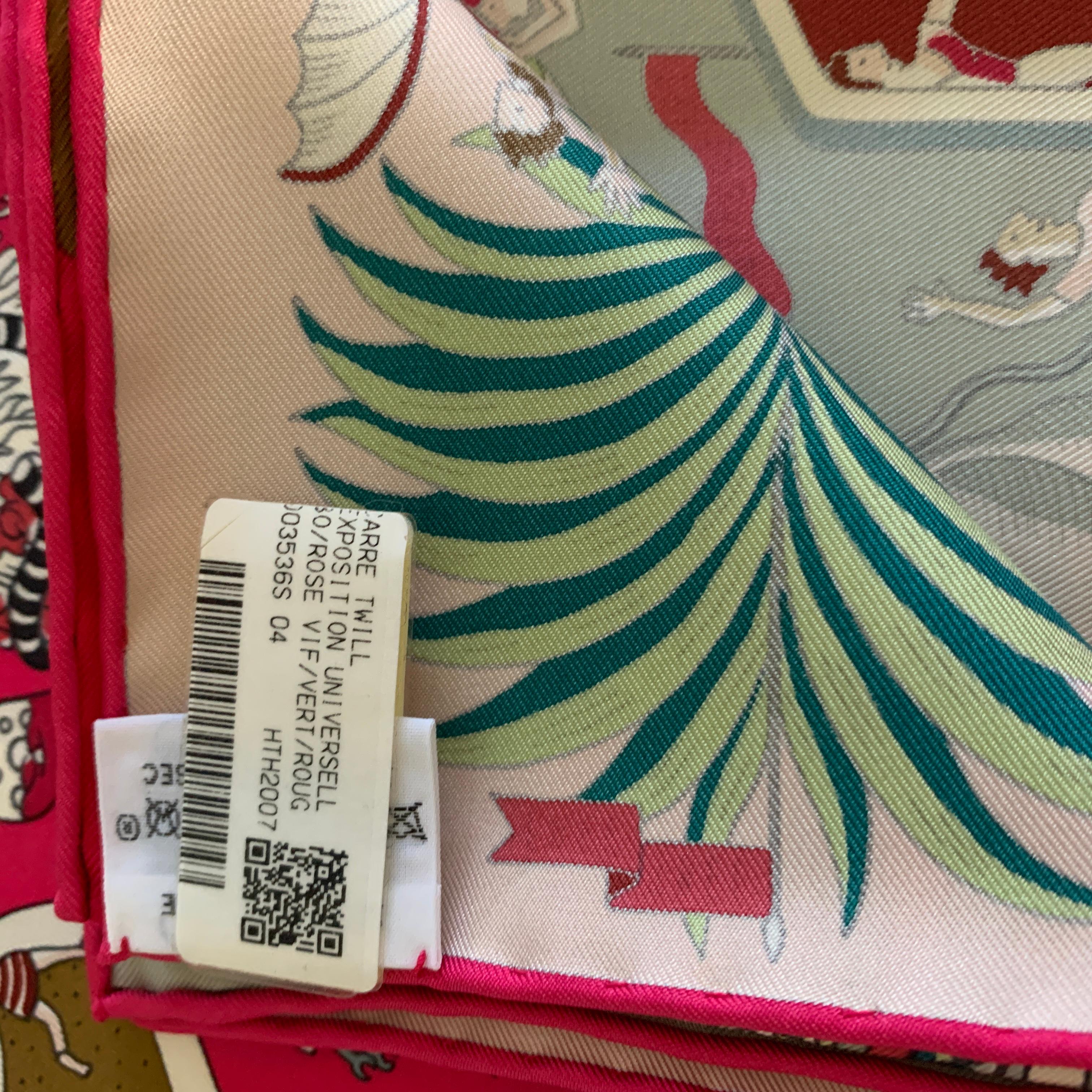 Beige Hermes Scarf Exposition Universelle Silk 90cm Rose Vif Pink Green New