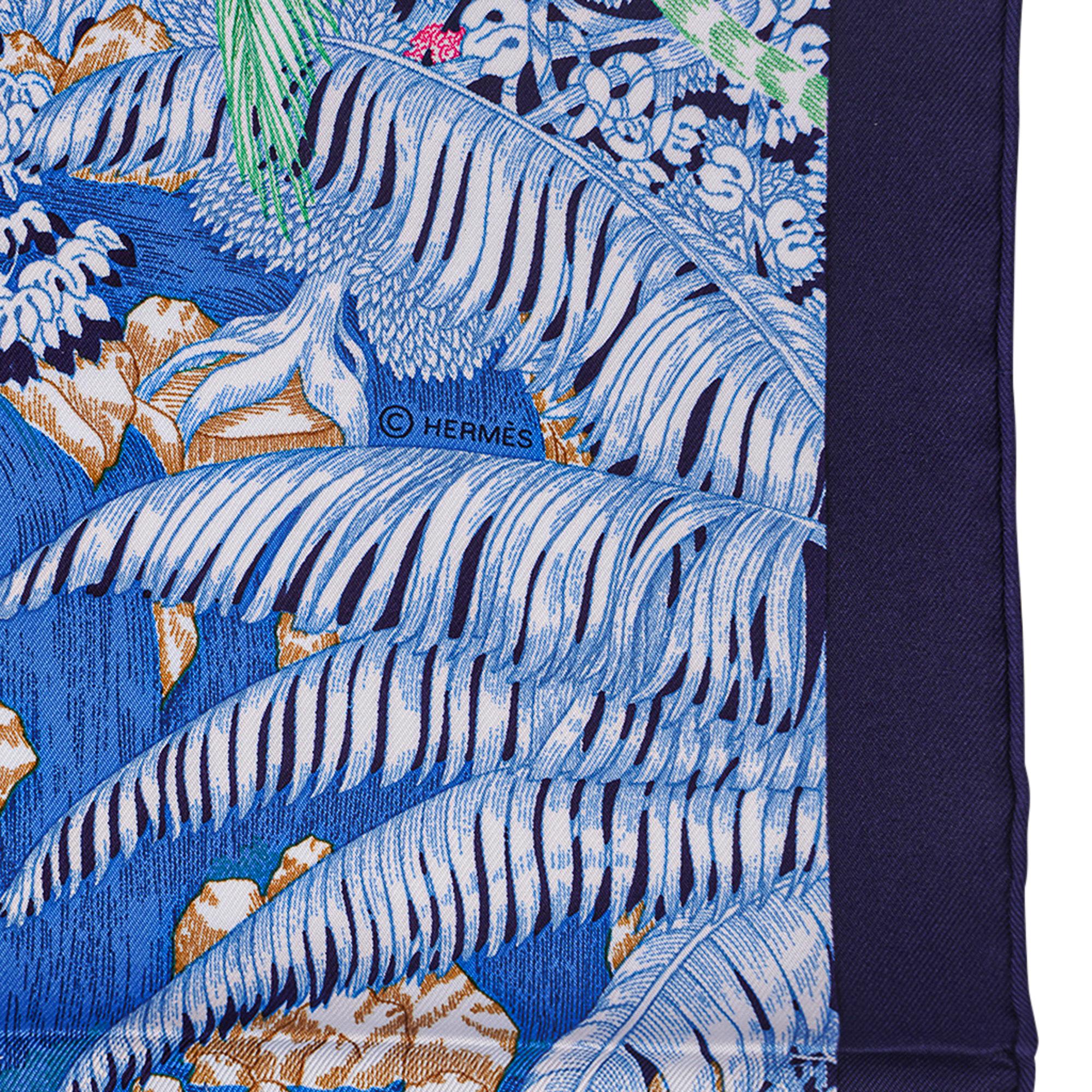 Hermes Scarf Faubourg Tropical Bleu Jean / Vert / Jaune 90 Silk New w/Box 2