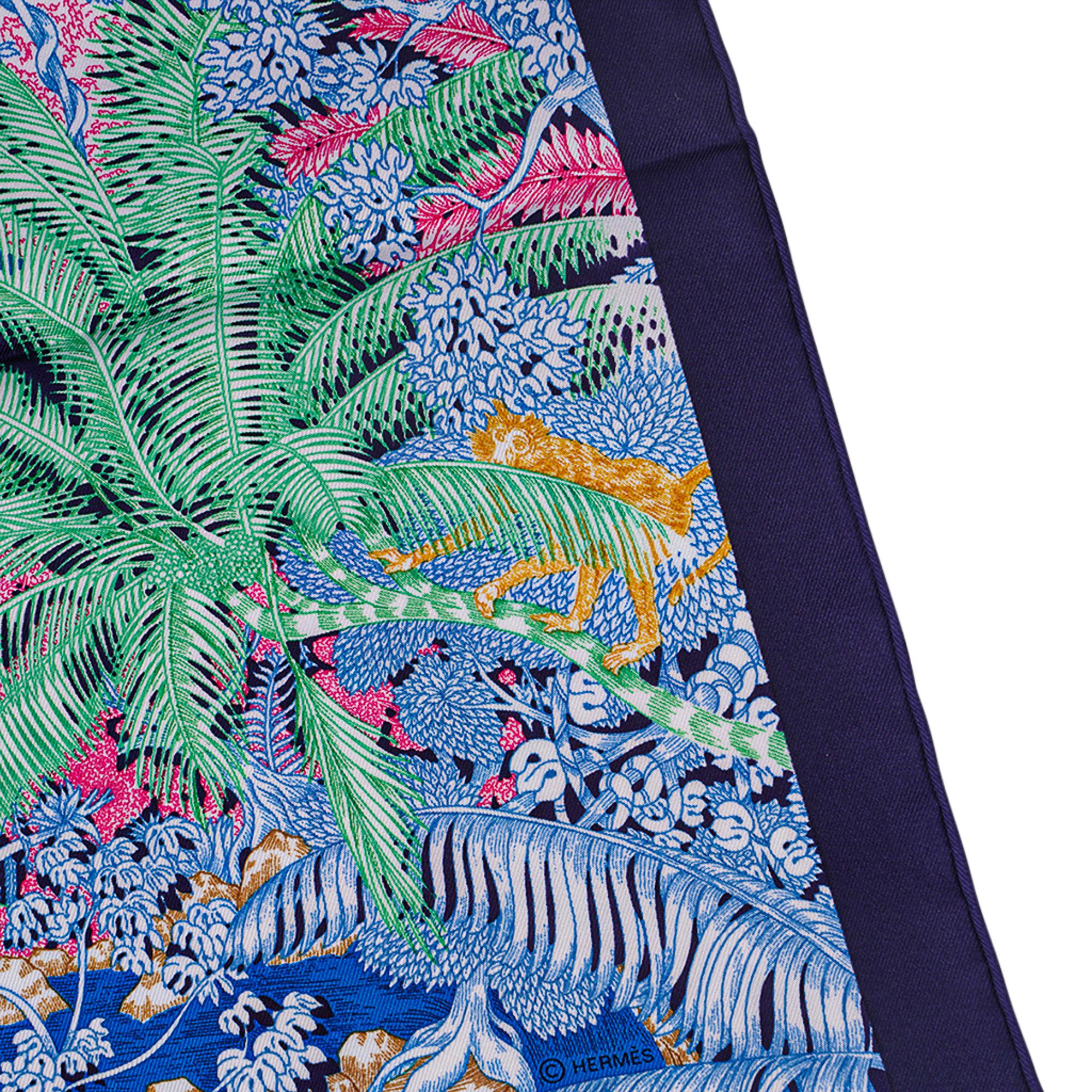 Hermes Scarf Faubourg Tropical Bleu Jean / Vert / Jaune 90 Silk New w/Box 5