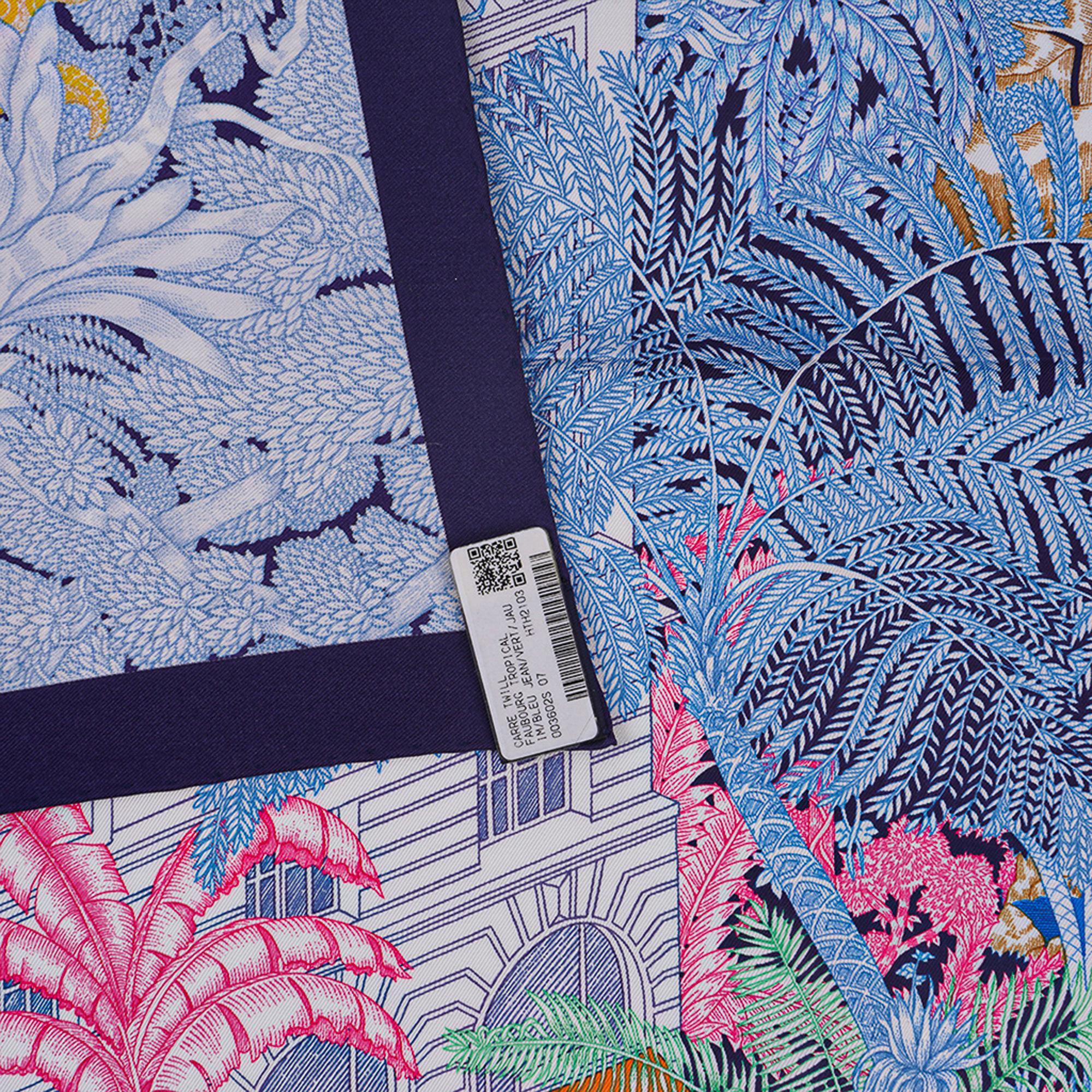 Hermes Scarf Faubourg Tropical Bleu Jean / Vert / Jaune 90 Silk New w/Box 8