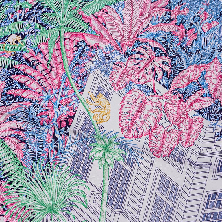 Hermes Scarf Faubourg Tropical Bleu Jean / Vert / Jaune 90 Silk New w