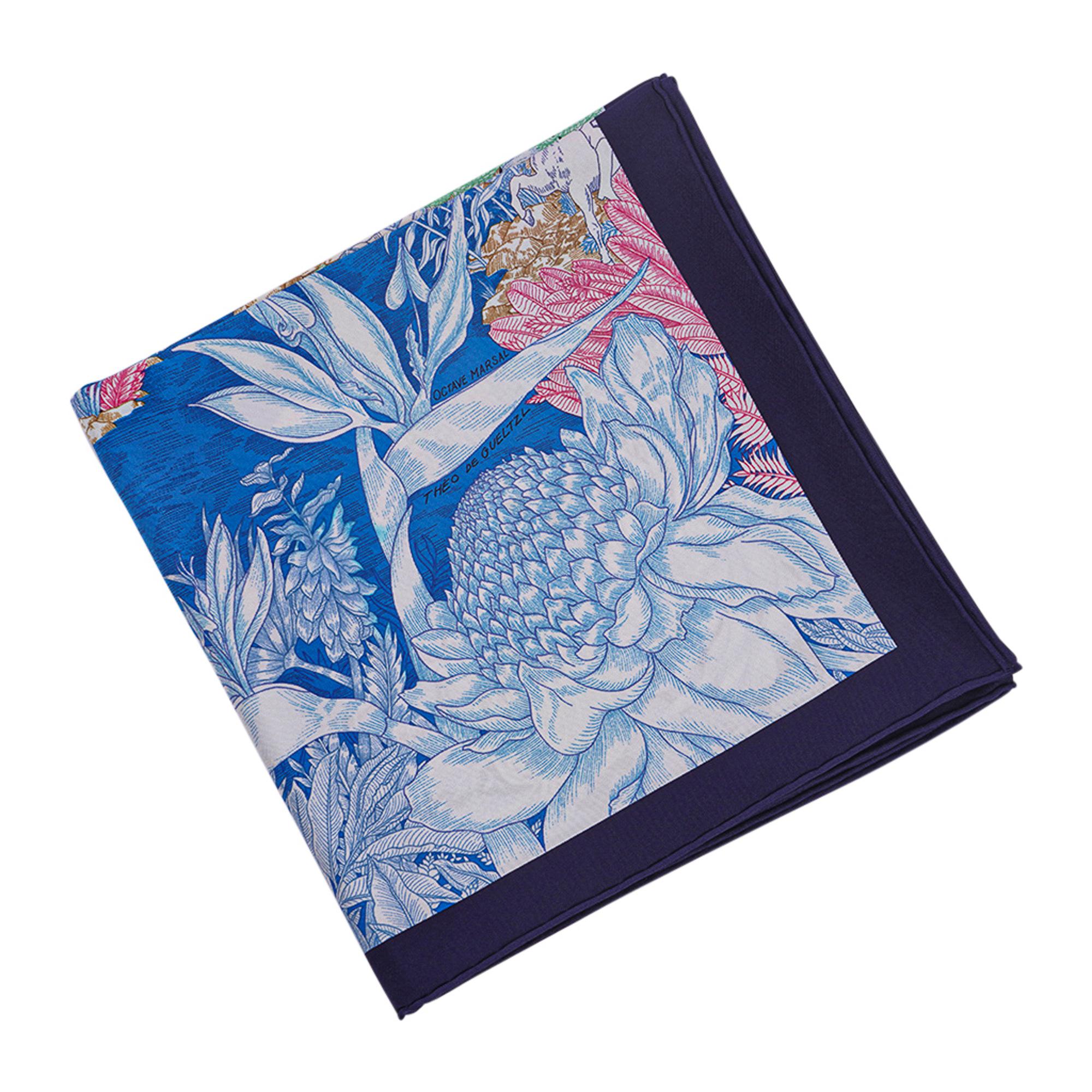 Blue Hermes Scarf Faubourg Tropical Bleu Jean / Vert / Jaune 90 Silk New w/Box